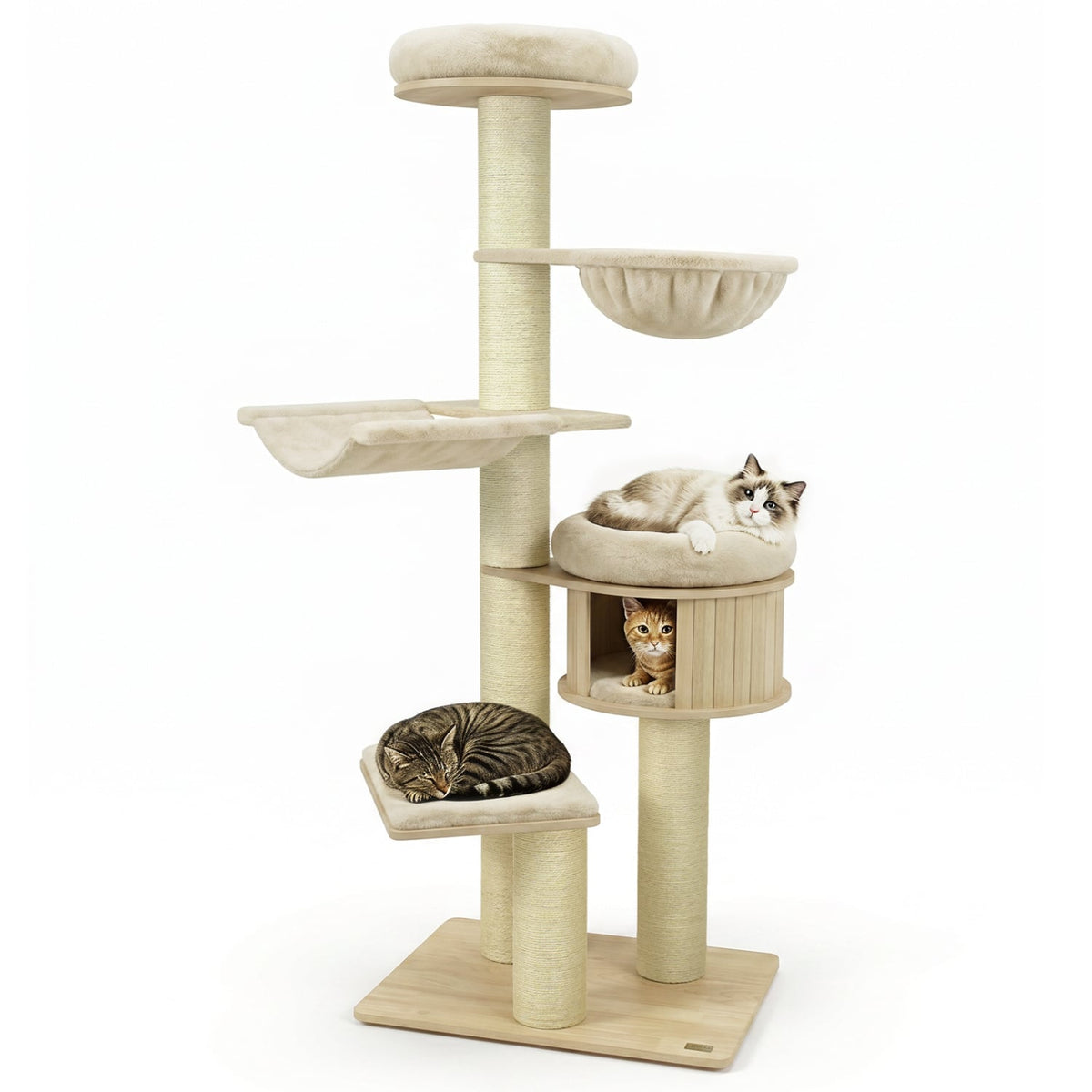 75.5" Tall Cat Tree with 7 Sisal Posts & Hanging Basket and Hammock for Indoor-Beige-Cat Trees & Scratchers-DECOROLALA