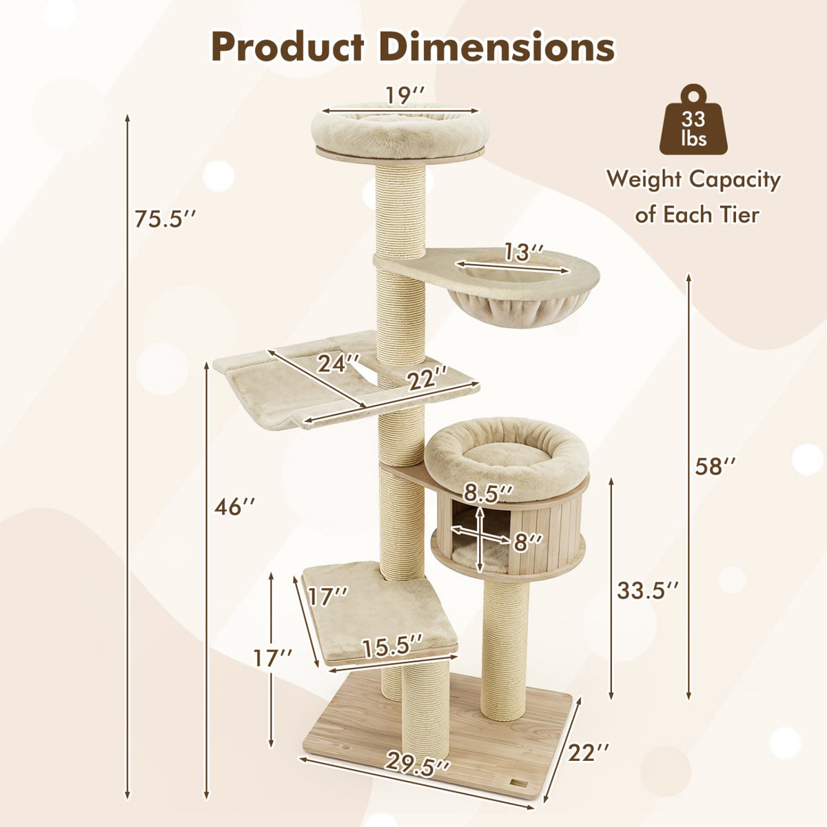 75.5" Tall Cat Tree with 7 Sisal Posts & Hanging Basket and Hammock for Indoor-Beige-Cat Trees & Scratchers-DECOROLALA