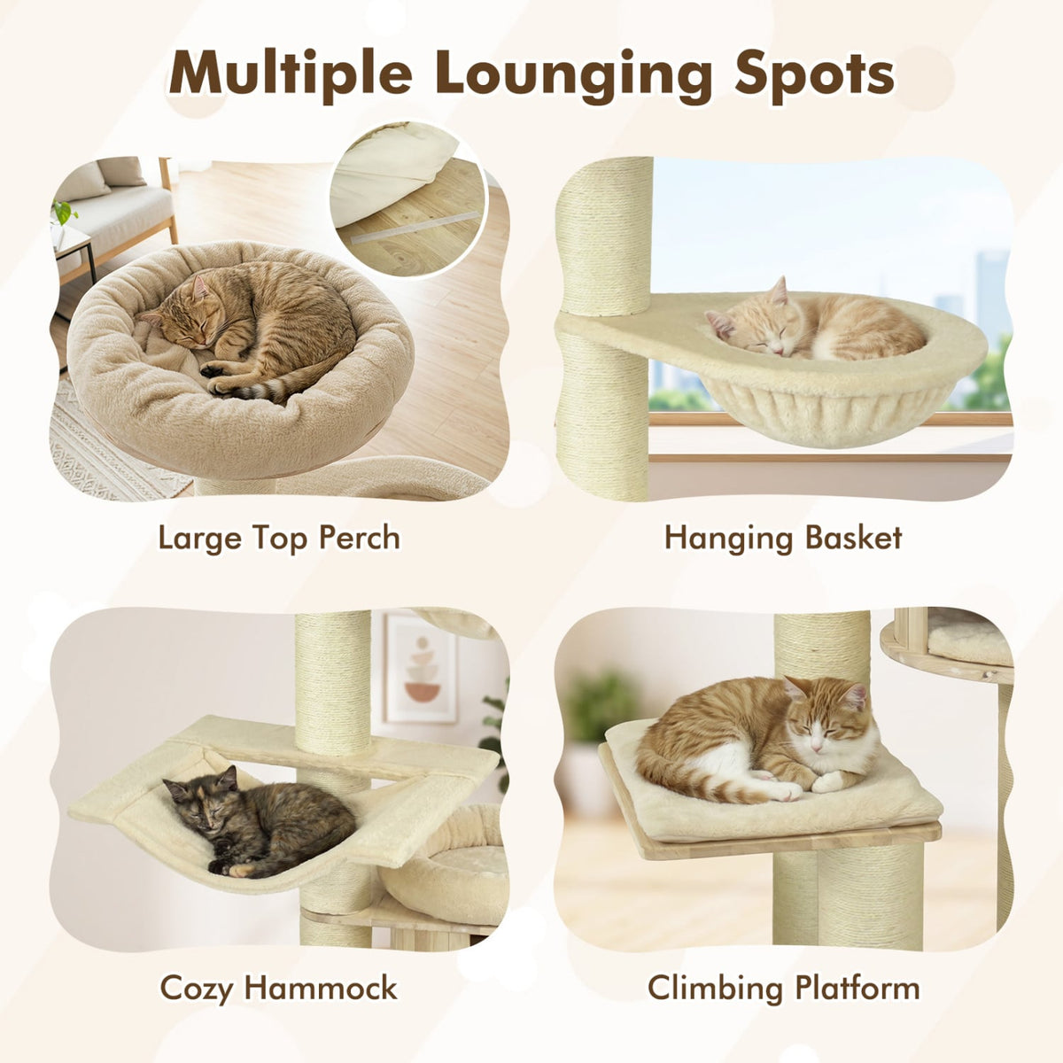 75.5" Tall Cat Tree with 7 Sisal Posts & Hanging Basket and Hammock for Indoor-Beige-Cat Trees & Scratchers-DECOROLALA