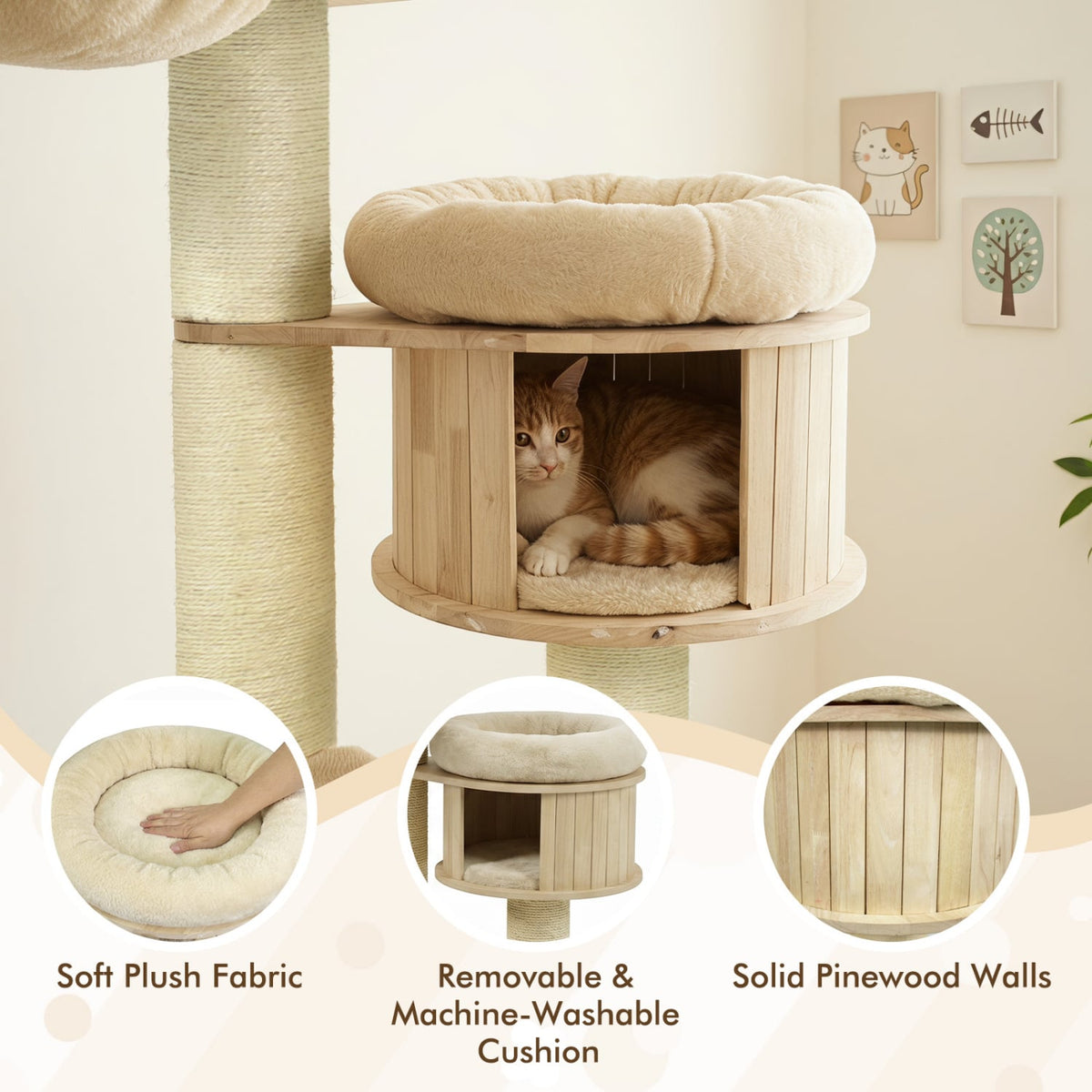 75.5" Tall Cat Tree with 7 Sisal Posts & Hanging Basket and Hammock for Indoor-Beige-Cat Trees & Scratchers-DECOROLALA