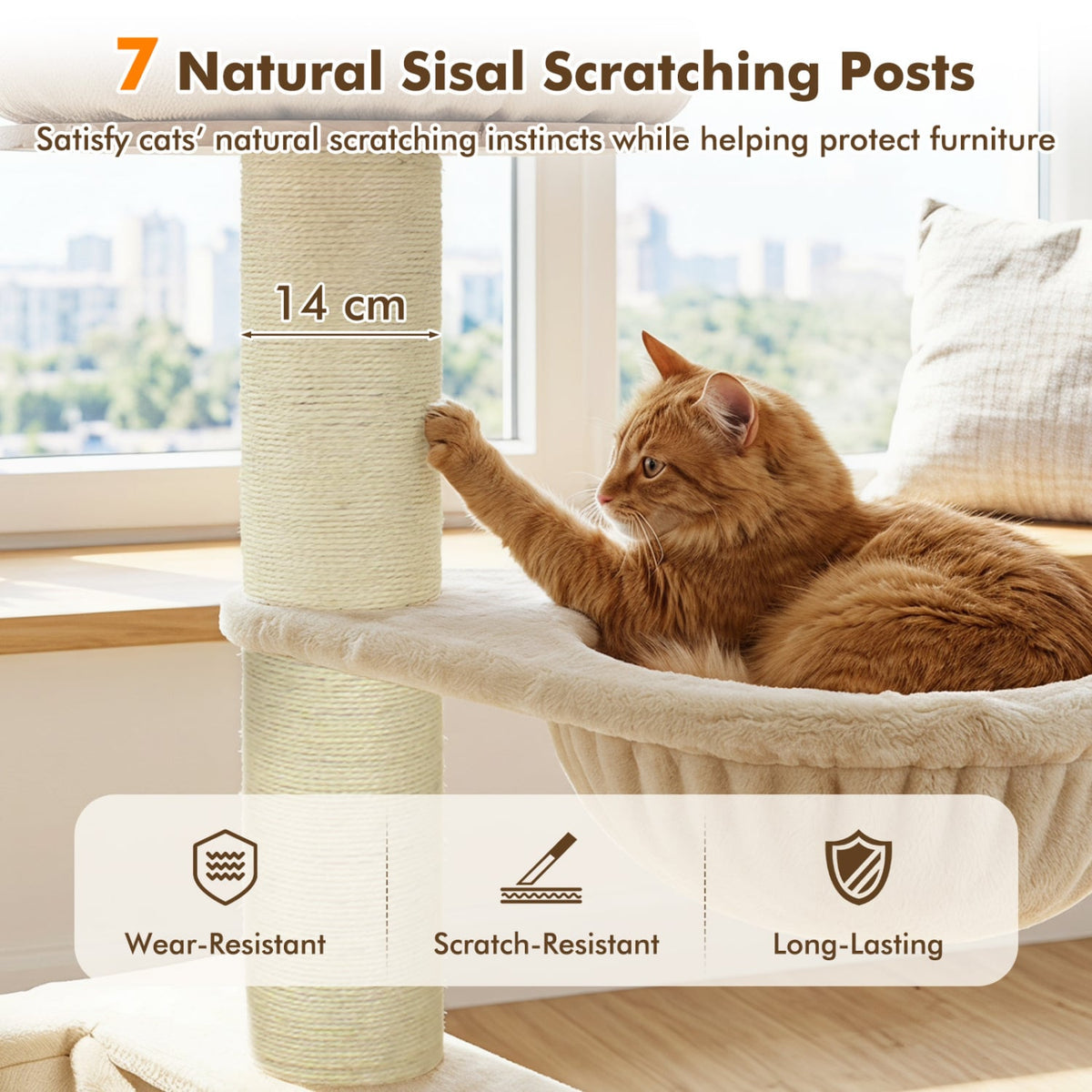 75.5" Tall Cat Tree with 7 Sisal Posts & Hanging Basket and Hammock for Indoor-Beige-Cat Trees & Scratchers-DECOROLALA