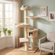 75.5" Tall Cat Tree with 7 Sisal Posts & Hanging Basket and Hammock for Indoor-Beige-Cat Trees & Scratchers-DECOROLALA