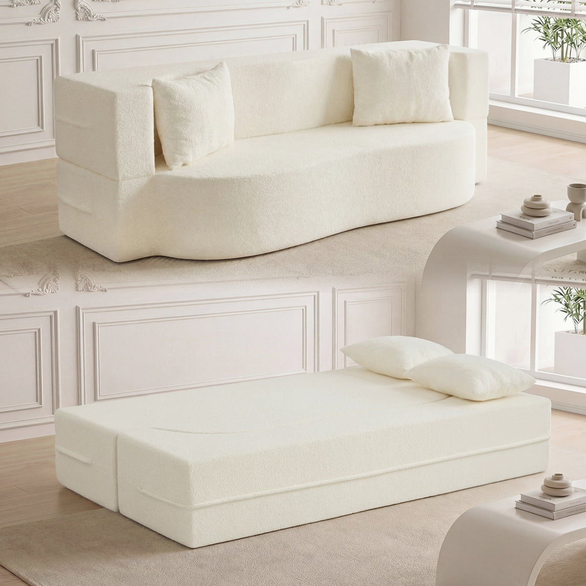 75.5 inch Folding Sofa Bed 2-in-1 Convertible Teddy Fleece Floor Loveseat with 2 Comfortable Pillows-Beige-Sofas & Loveseats-DECOROLALA