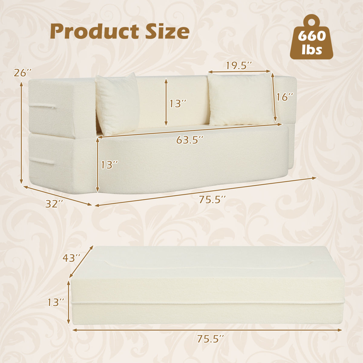75.5 inch Folding Sofa Bed 2-in-1 Convertible Teddy Fleece Floor Loveseat with 2 Comfortable Pillows-Beige-Sofas & Loveseats-DECOROLALA