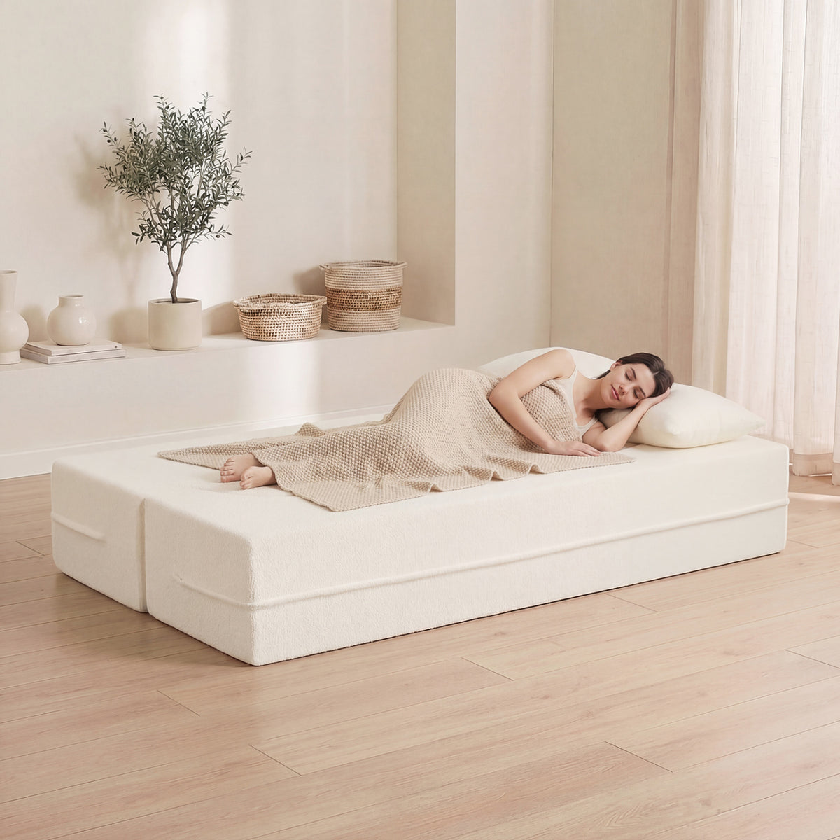 75.5 inch Folding Sofa Bed 2-in-1 Convertible Teddy Fleece Floor Loveseat with 2 Comfortable Pillows-Beige-Sofas & Loveseats-DECOROLALA