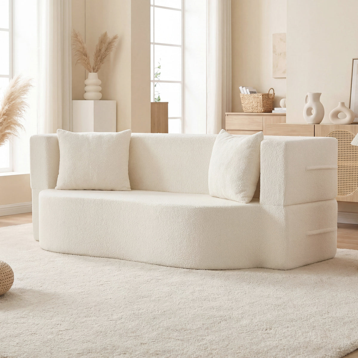 75.5 inch Folding Sofa Bed 2-in-1 Convertible Teddy Fleece Floor Loveseat with 2 Comfortable Pillows-Beige-Sofas & Loveseats-DECOROLALA