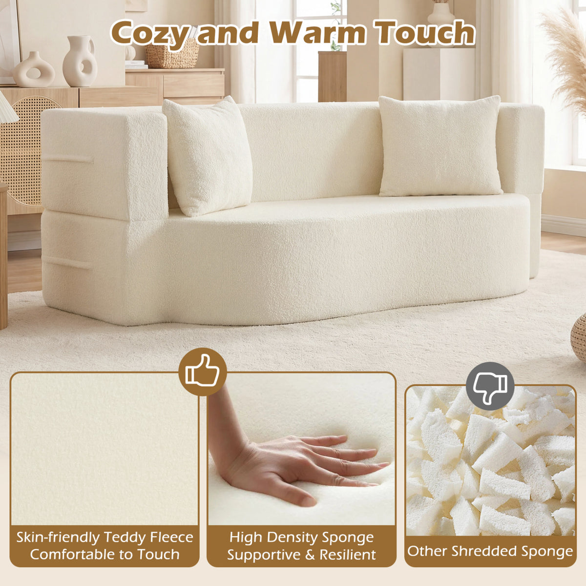 75.5 inch Folding Sofa Bed 2-in-1 Convertible Teddy Fleece Floor Loveseat with 2 Comfortable Pillows-Beige-Sofas & Loveseats-DECOROLALA