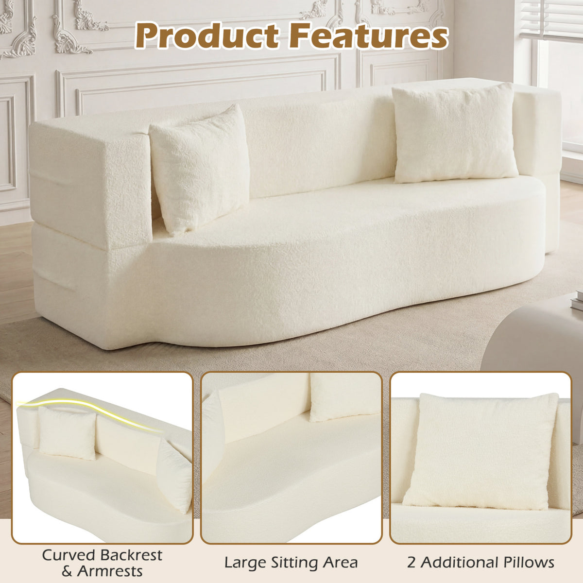 75.5 inch Folding Sofa Bed 2-in-1 Convertible Teddy Fleece Floor Loveseat with 2 Comfortable Pillows-Beige-Sofas & Loveseats-DECOROLALA