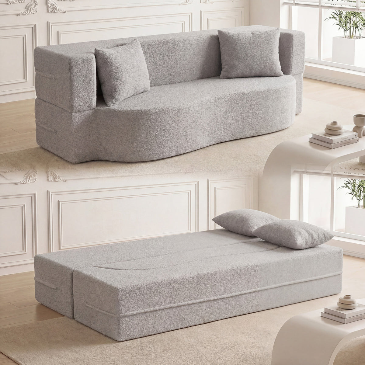 75.5 inch Folding Sofa Bed 2-in-1 Convertible Teddy Fleece Floor Loveseat with 2 Comfortable Pillows-Gray-Sofas & Loveseats-DECOROLALA