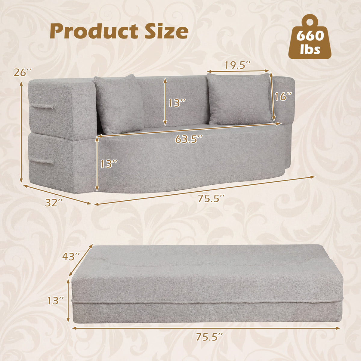 75.5 inch Folding Sofa Bed 2-in-1 Convertible Teddy Fleece Floor Loveseat with 2 Comfortable Pillows-Gray-Sofas & Loveseats-DECOROLALA