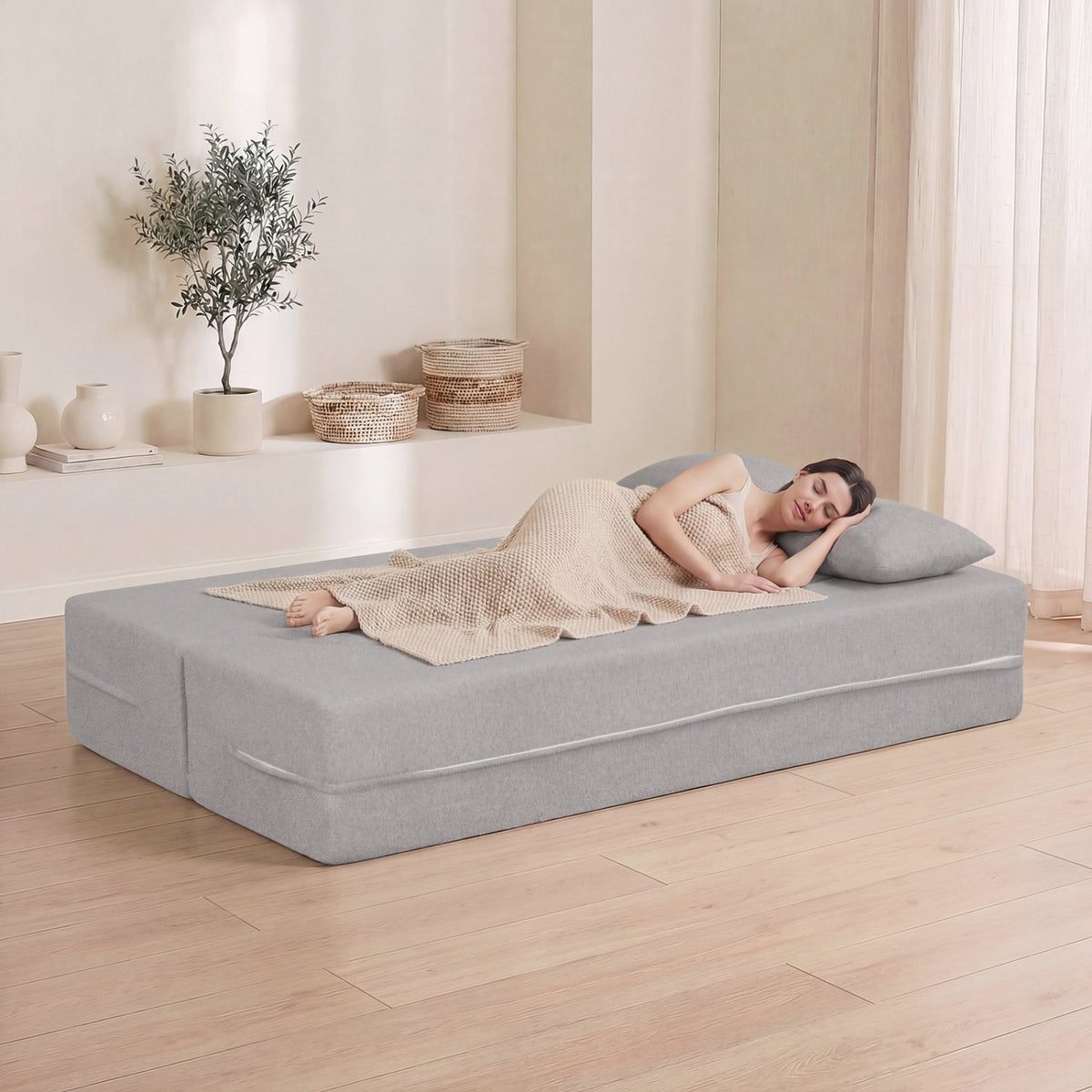 75.5 inch Folding Sofa Bed 2-in-1 Convertible Teddy Fleece Floor Loveseat with 2 Comfortable Pillows-Gray-Sofas & Loveseats-DECOROLALA