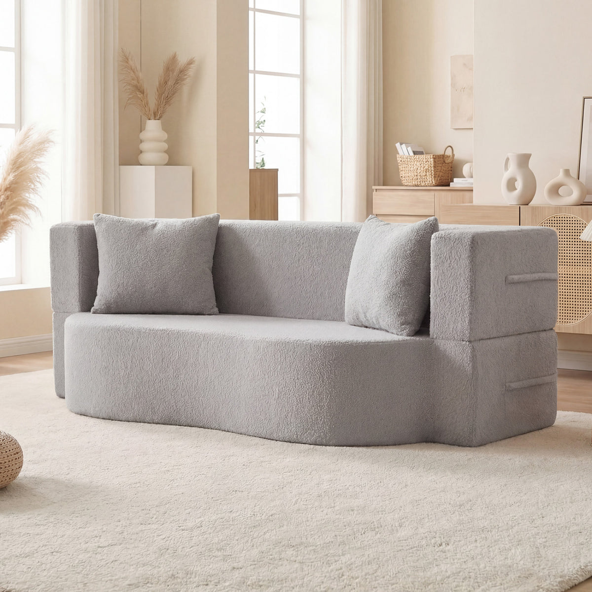 75.5 inch Folding Sofa Bed 2-in-1 Convertible Teddy Fleece Floor Loveseat with 2 Comfortable Pillows-Gray-Sofas & Loveseats-DECOROLALA