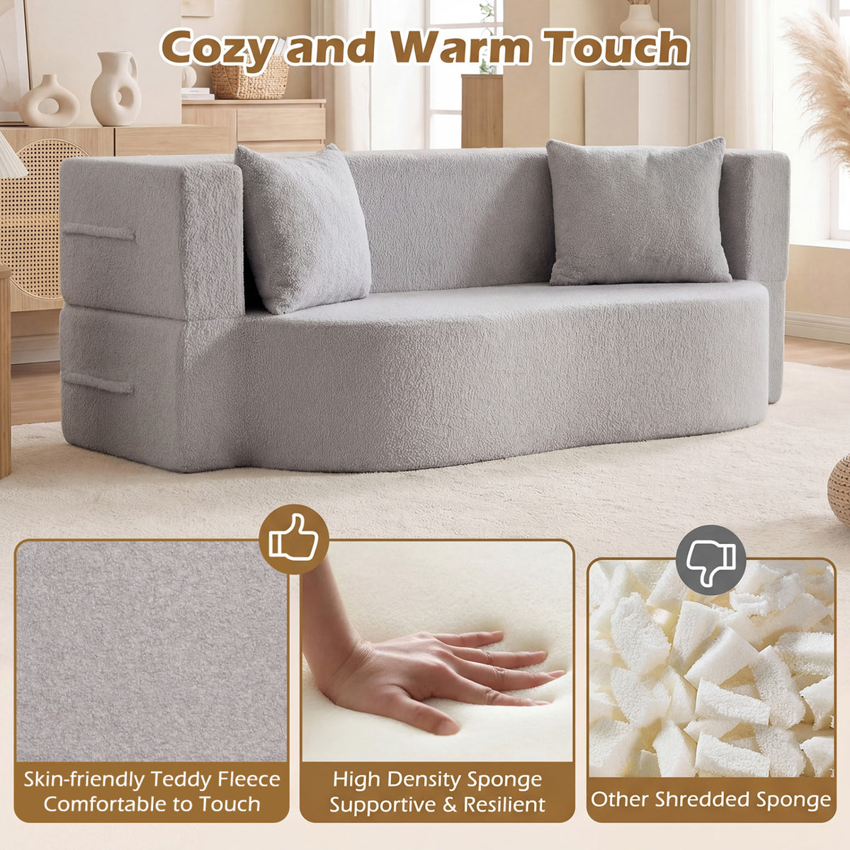 75.5 inch Folding Sofa Bed 2-in-1 Convertible Teddy Fleece Floor Loveseat with 2 Comfortable Pillows-Gray-Sofas & Loveseats-DECOROLALA