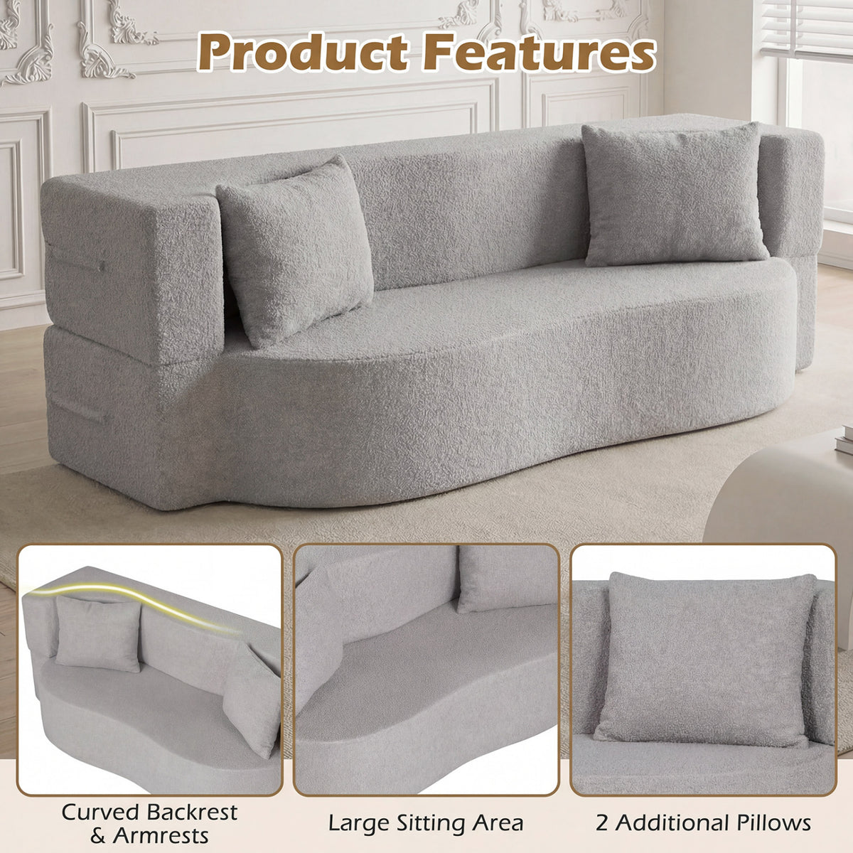 75.5 inch Folding Sofa Bed 2-in-1 Convertible Teddy Fleece Floor Loveseat with 2 Comfortable Pillows-Gray-Sofas & Loveseats-DECOROLALA