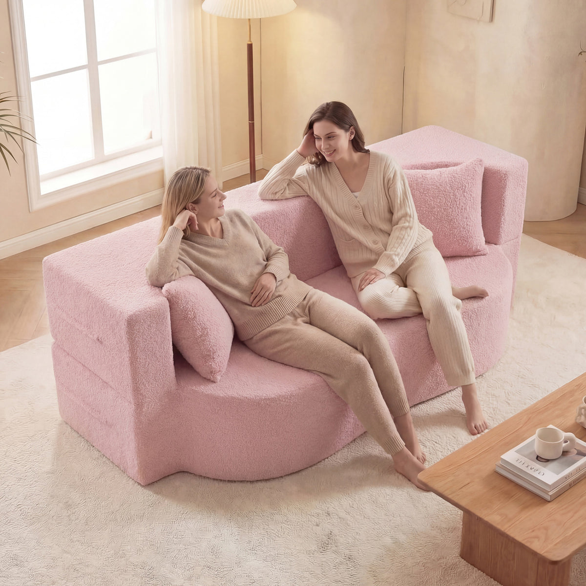 75.5 inch Folding Sofa Bed 2-in-1 Convertible Teddy Fleece Floor Loveseat with 2 Comfortable Pillows-Pink-Sofas & Loveseats-DECOROLALA