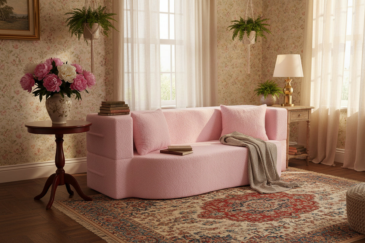 75.5 inch Folding Sofa Bed 2-in-1 Convertible Teddy Fleece Floor Loveseat with 2 Comfortable Pillows-Pink-Sofas & Loveseats-DECOROLALA