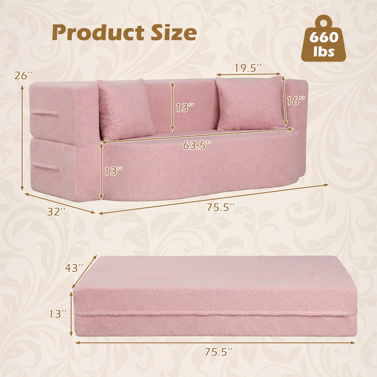 75.5 inch Folding Sofa Bed 2-in-1 Convertible Teddy Fleece Floor Loveseat with 2 Comfortable Pillows-Pink-Sofas & Loveseats-DECOROLALA