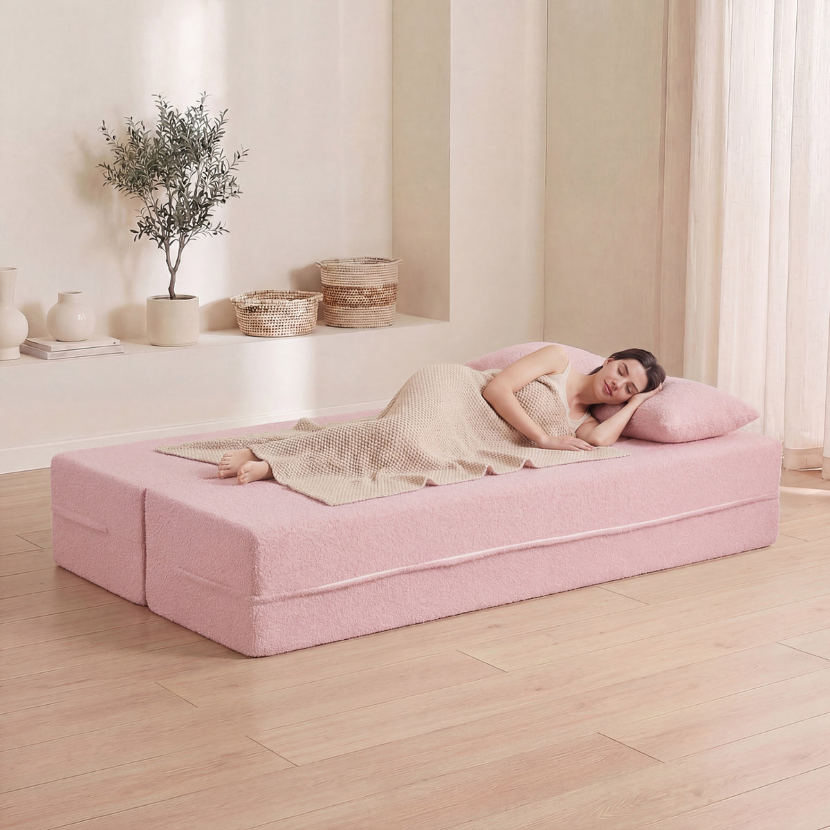 75.5 inch Folding Sofa Bed 2-in-1 Convertible Teddy Fleece Floor Loveseat with 2 Comfortable Pillows-Pink-Sofas & Loveseats-DECOROLALA