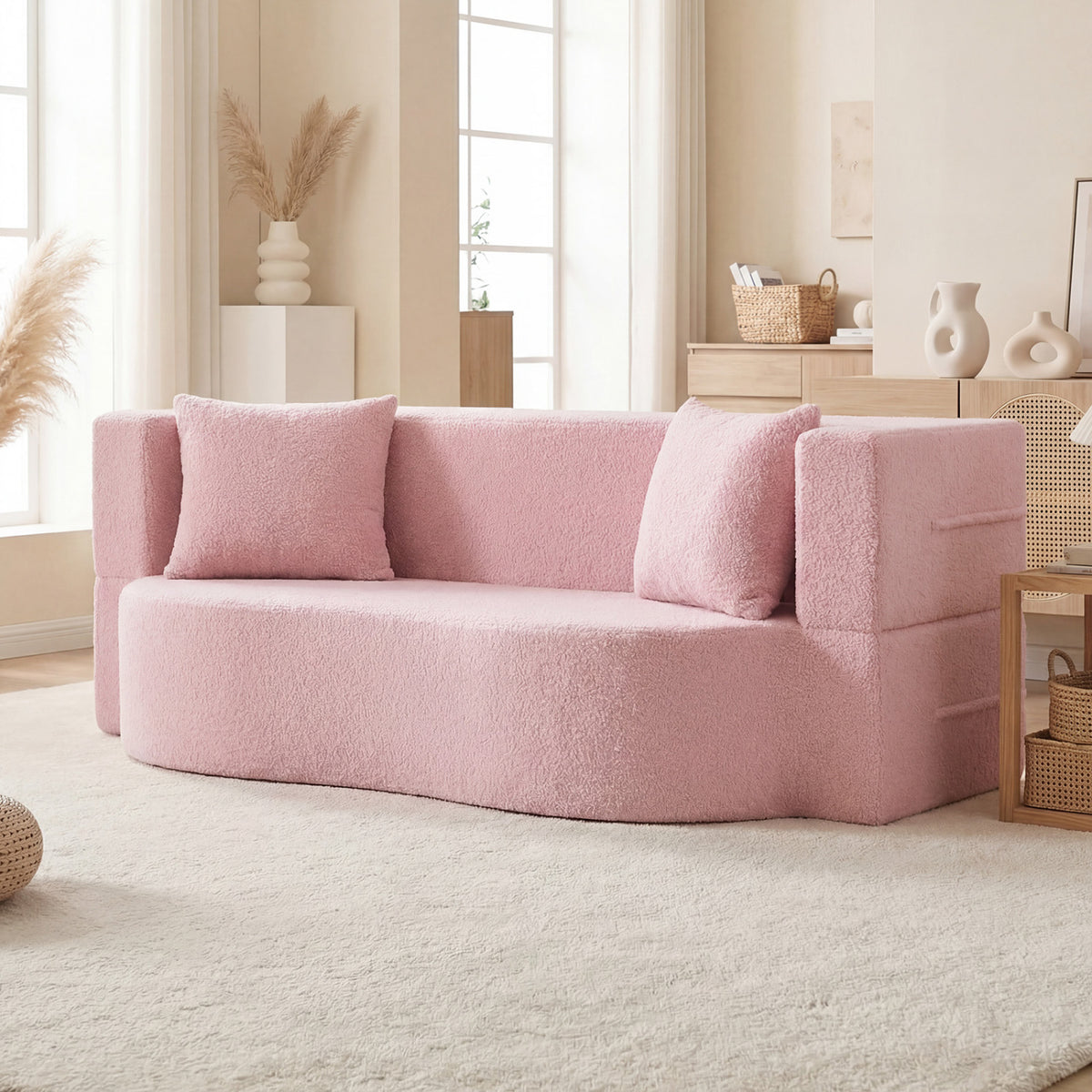 75.5 inch Folding Sofa Bed 2-in-1 Convertible Teddy Fleece Floor Loveseat with 2 Comfortable Pillows-Pink-Sofas & Loveseats-DECOROLALA