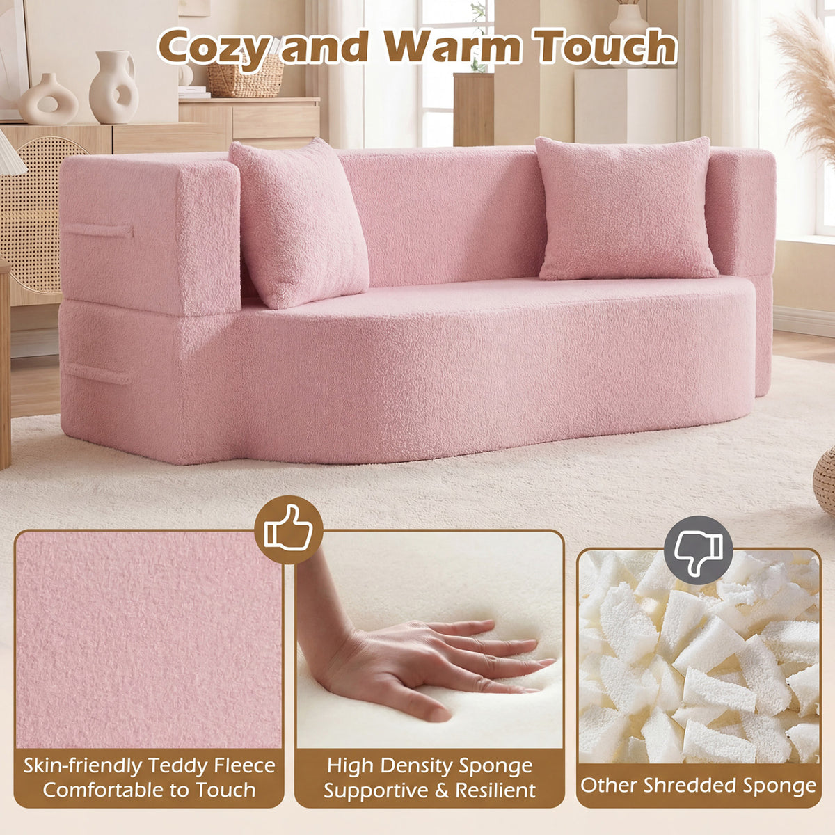 75.5 inch Folding Sofa Bed 2-in-1 Convertible Teddy Fleece Floor Loveseat with 2 Comfortable Pillows-Pink-Sofas & Loveseats-DECOROLALA