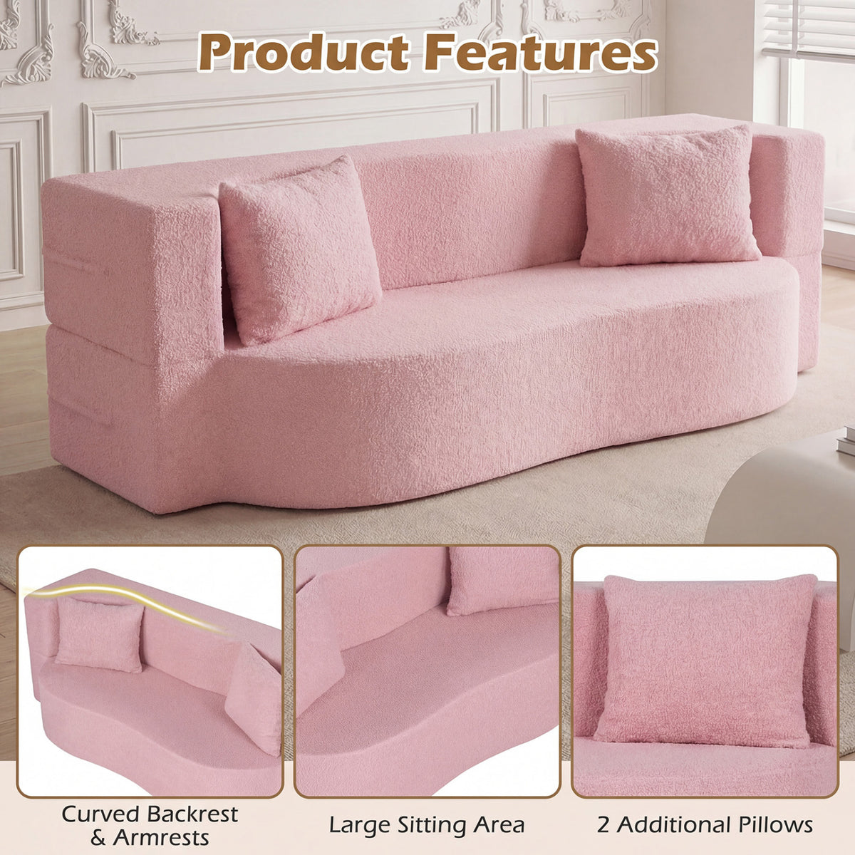 75.5 inch Folding Sofa Bed 2-in-1 Convertible Teddy Fleece Floor Loveseat with 2 Comfortable Pillows-Pink-Sofas & Loveseats-DECOROLALA