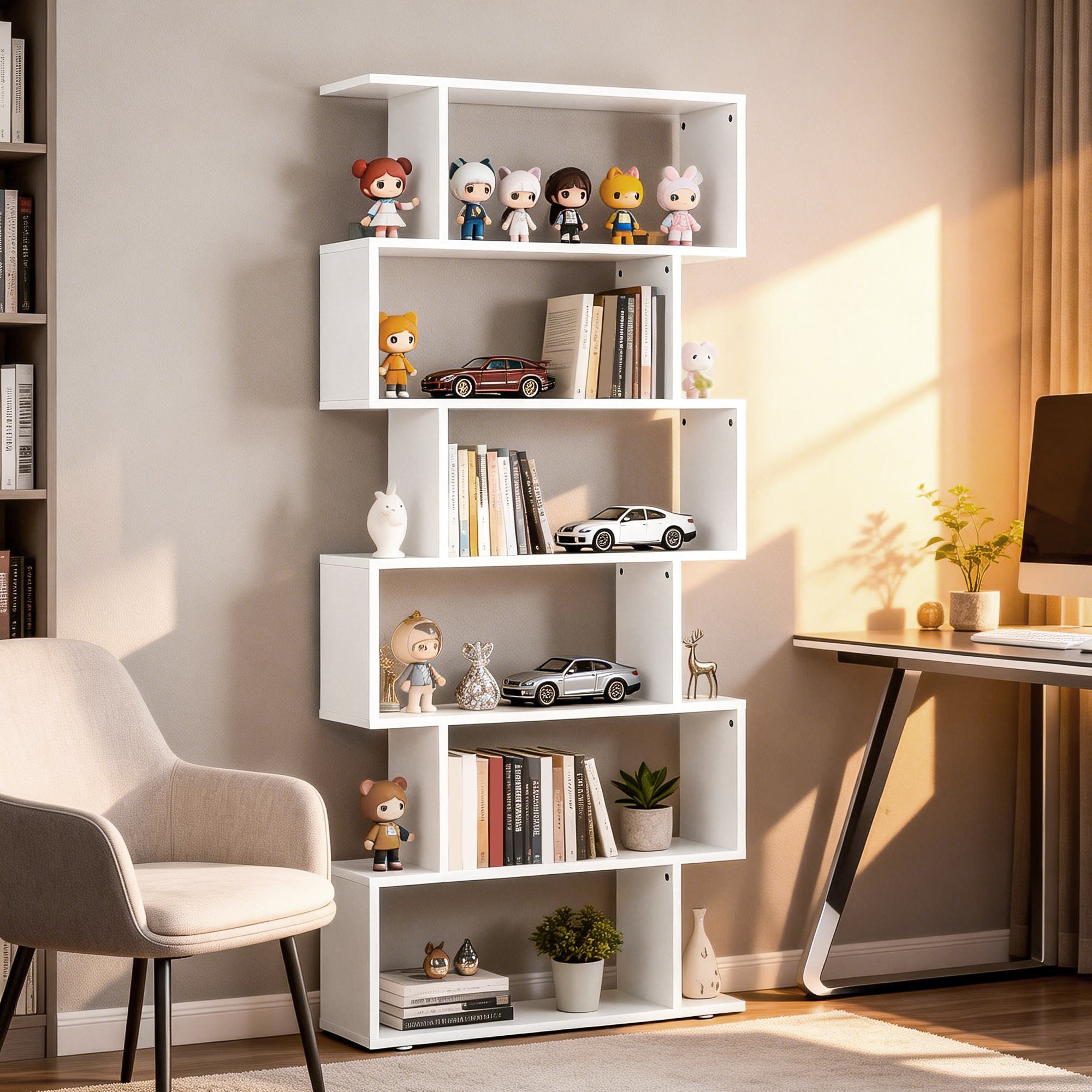 76" 6-Tier Geometric Wooden Bookcase S Shaped Storage Display Bookshelf Modern shelf Open Concept Living Room Home Office Furniture, White-Home Furnishings > Storage & Organization > Bookshelves & Bookcases > Display Bookshelves-DECOROLALA