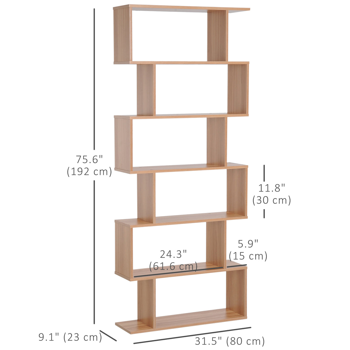 76" 6-Tier S-Shaped Geometric Wooden Bookcase - Maple-Display Bookshelves-DECOROLALA