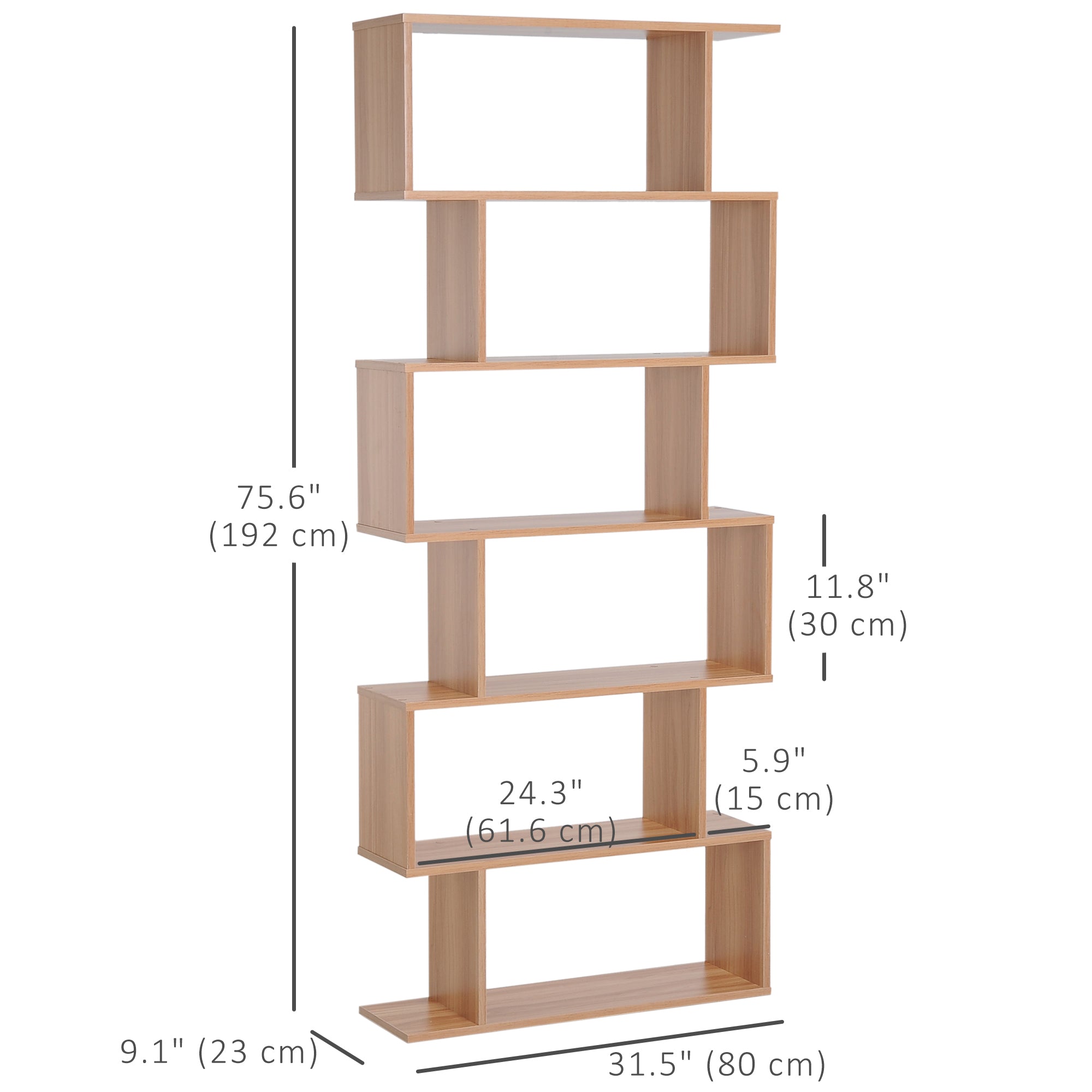 76" 6-Tier S-Shaped Geometric Wooden Bookcase - Maple-Home Furnishings > Storage & Organization > Bookshelves & Bookcases > Display Bookshelves-DECOROLALA