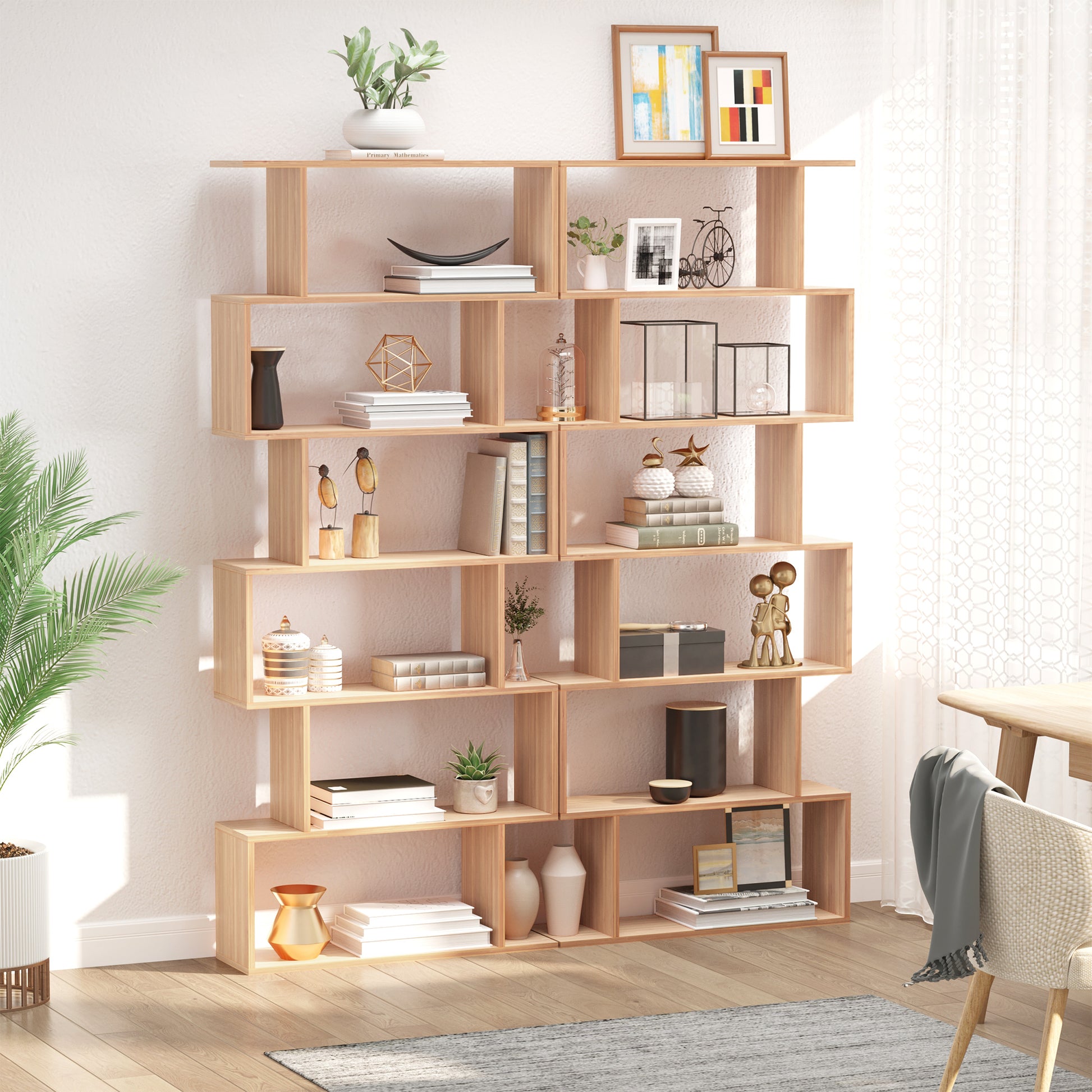 76" 6-Tier S-Shaped Geometric Wooden Bookcase - Maple-Home Furnishings > Storage & Organization > Bookshelves & Bookcases > Display Bookshelves-DECOROLALA