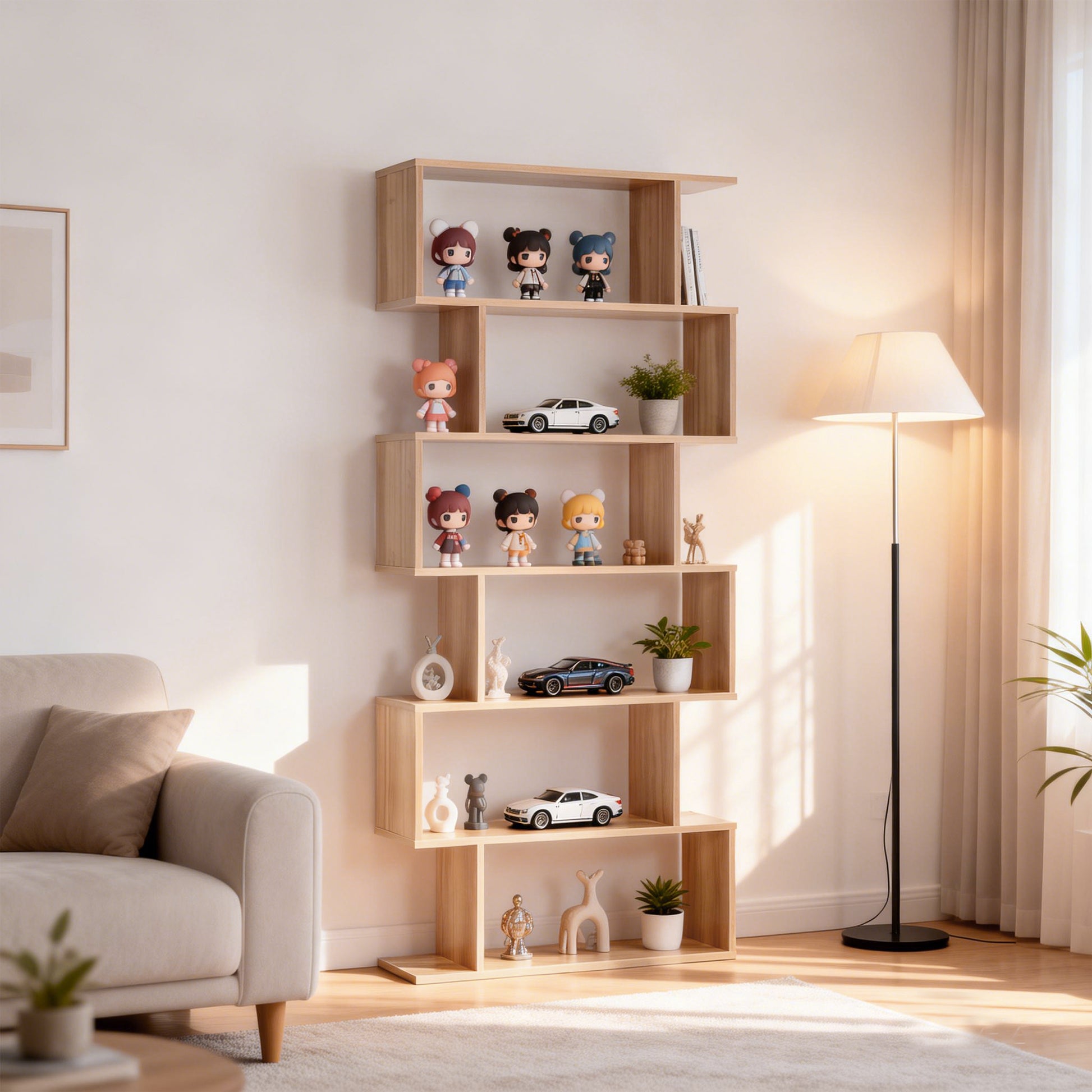 76" 6-Tier S-Shaped Geometric Wooden Bookcase - Maple-Home Furnishings > Storage & Organization > Bookshelves & Bookcases > Display Bookshelves-DECOROLALA