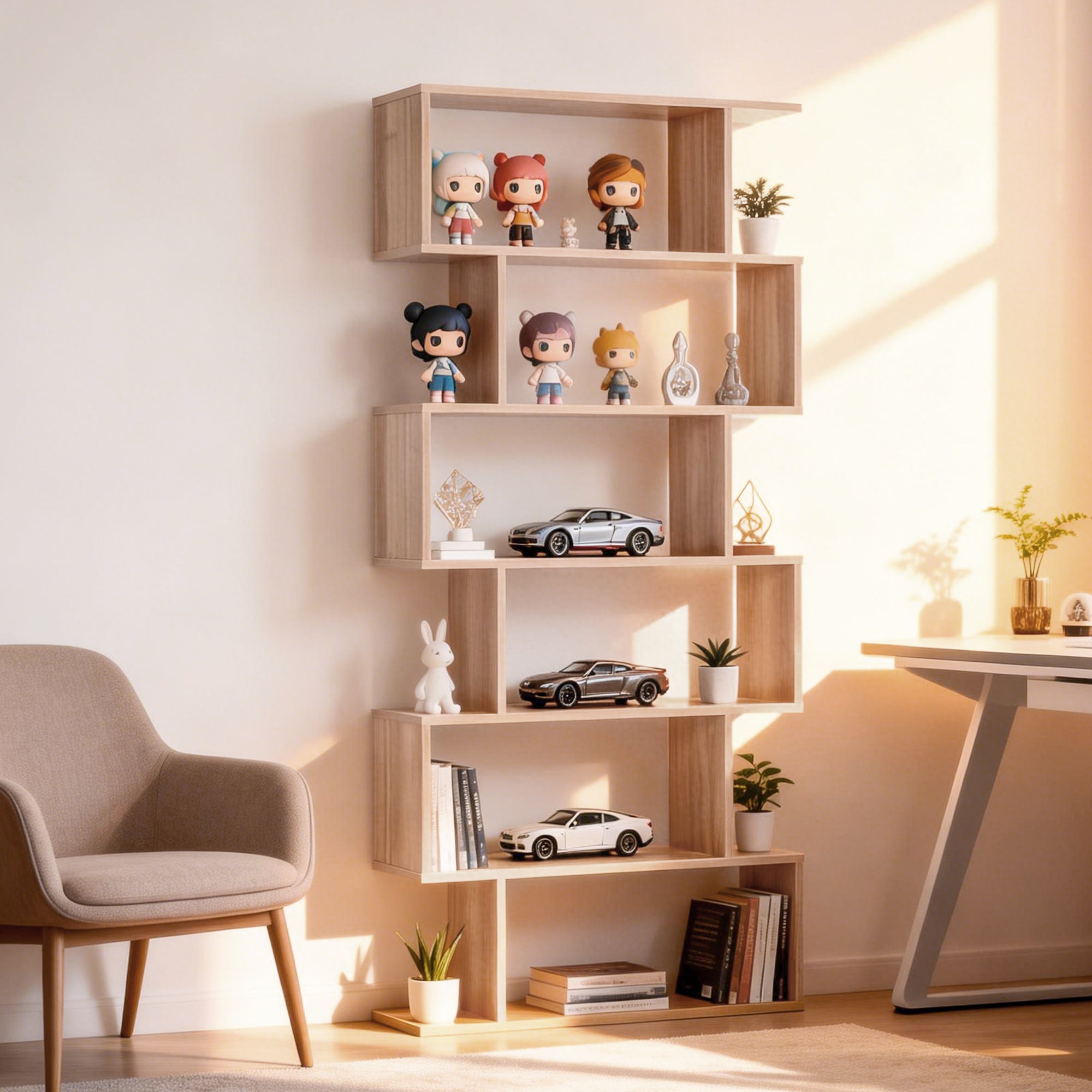 76" 6-Tier S-Shaped Geometric Wooden Bookcase - Maple-Home Furnishings > Storage & Organization > Bookshelves & Bookcases > Display Bookshelves-DECOROLALA