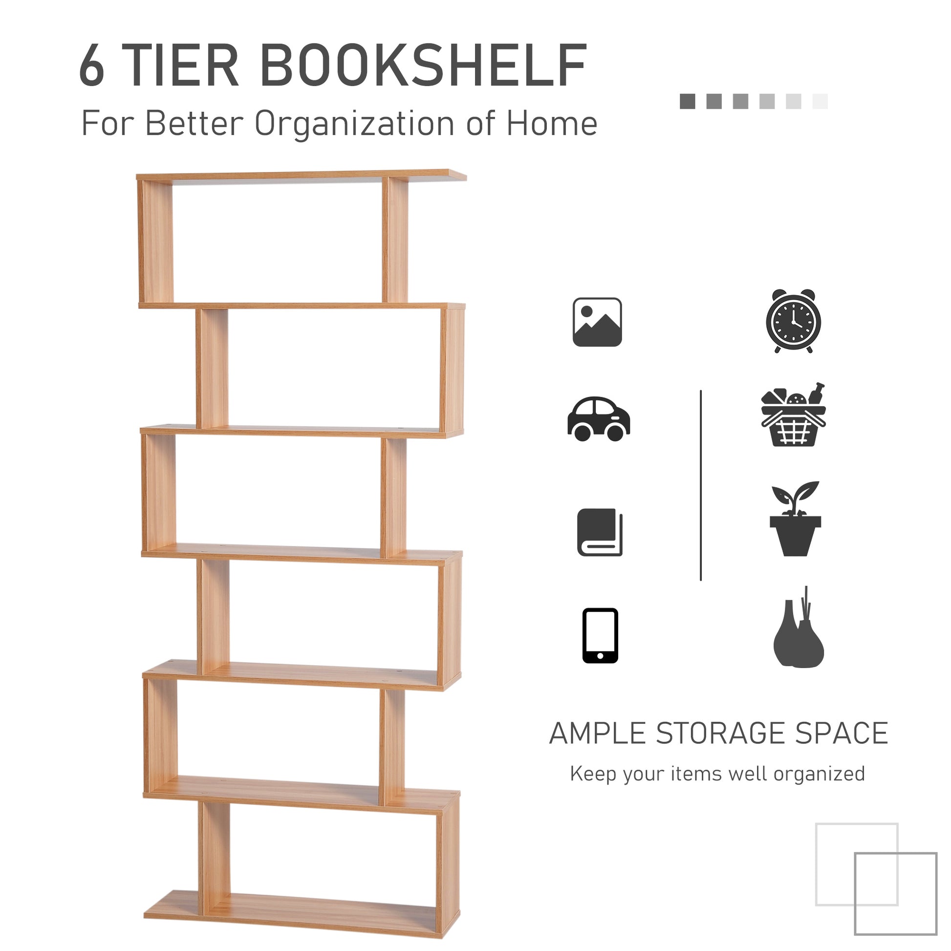76" 6-Tier S-Shaped Geometric Wooden Bookcase - Maple-Home Furnishings > Storage & Organization > Bookshelves & Bookcases > Display Bookshelves-DECOROLALA