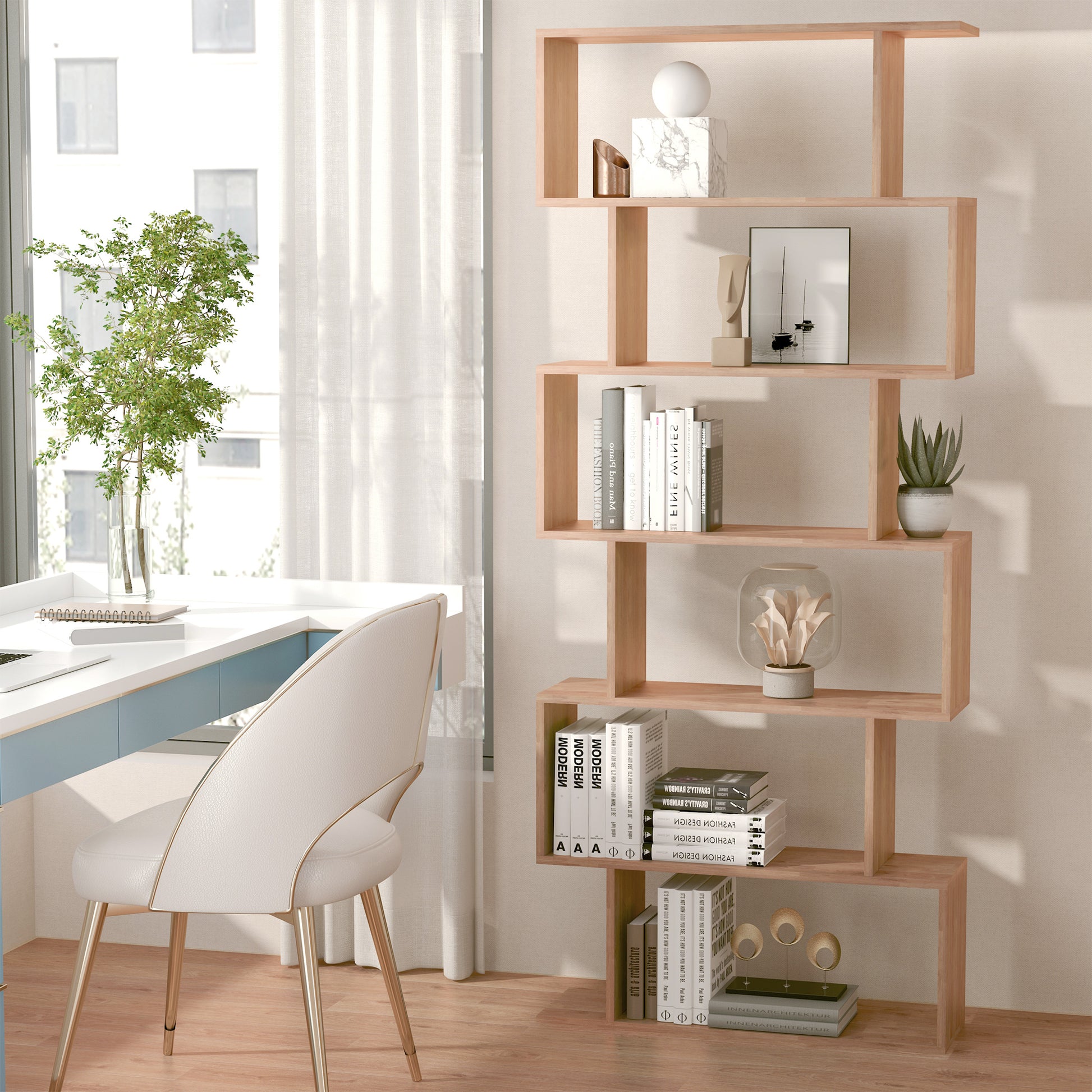76" 6-Tier S-Shaped Geometric Wooden Bookcase - Maple-Home Furnishings > Storage & Organization > Bookshelves & Bookcases > Display Bookshelves-DECOROLALA
