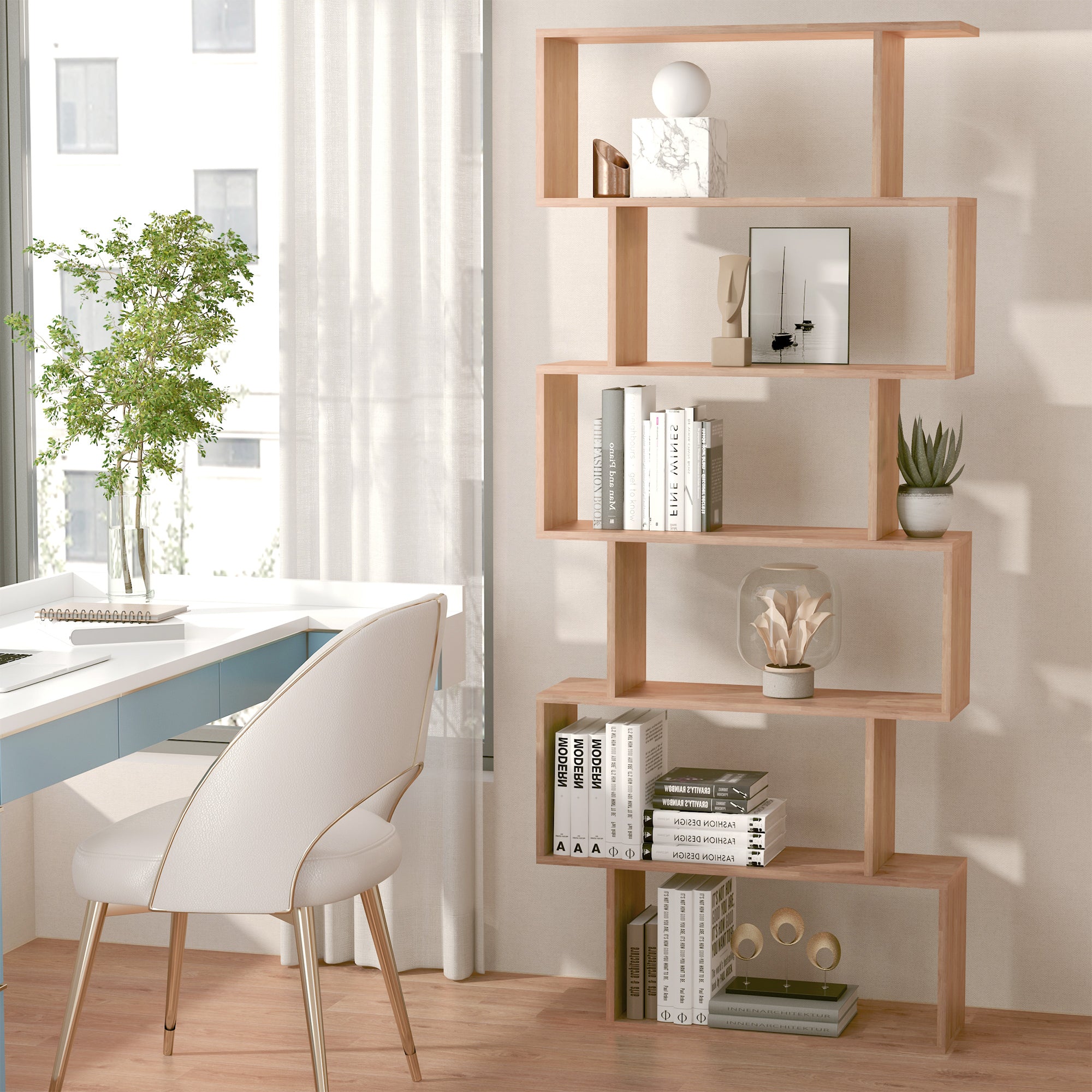 76" 6-Tier S-Shaped Geometric Wooden Bookcase - Maple-Home Furnishings > Storage & Organization > Bookshelves & Bookcases > Display Bookshelves-DECOROLALA