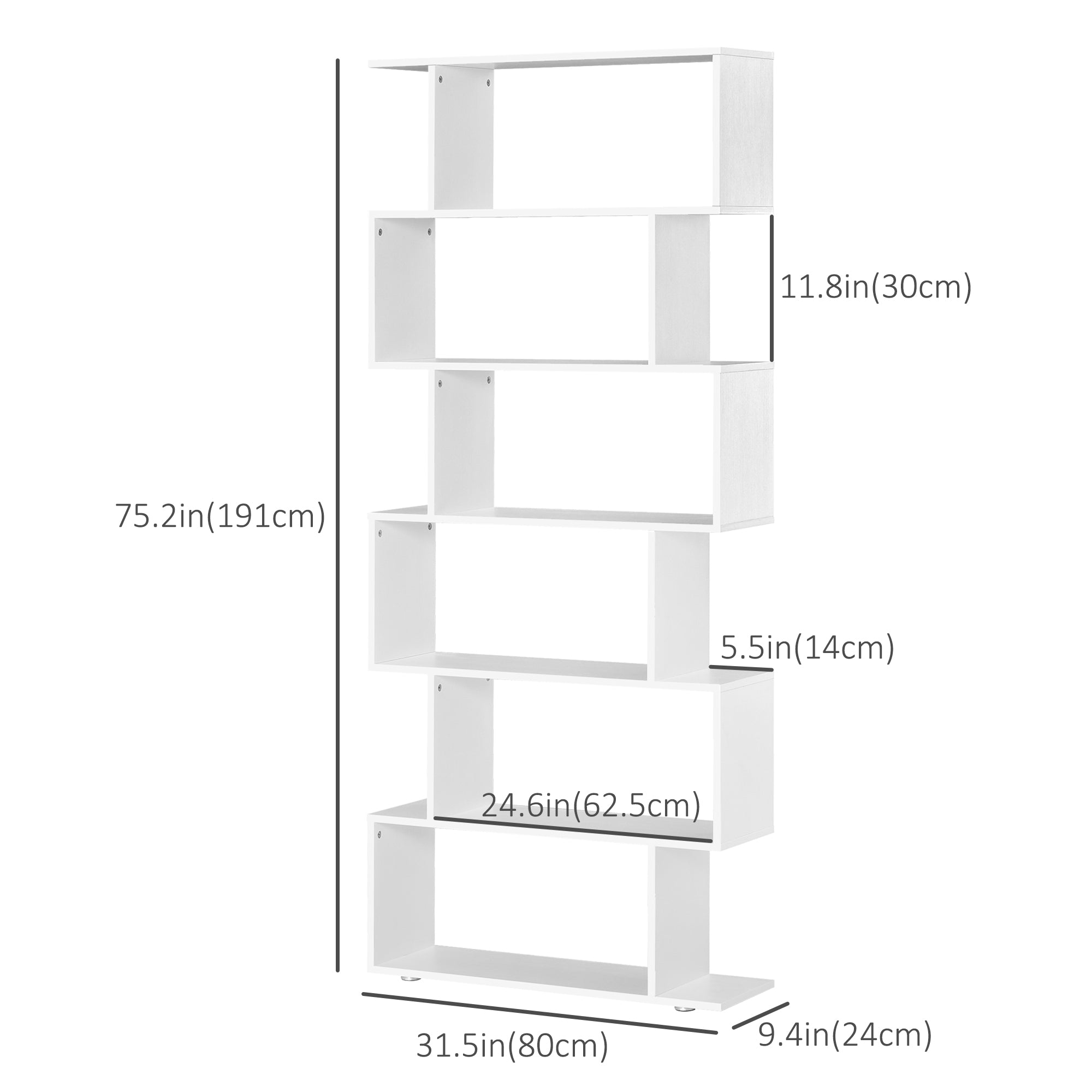 76" 6-Tier S-Shaped Geometric Wooden Bookcase - White-Home Furnishings > Storage & Organization > Bookshelves & Bookcases > Display Bookshelves-DECOROLALA