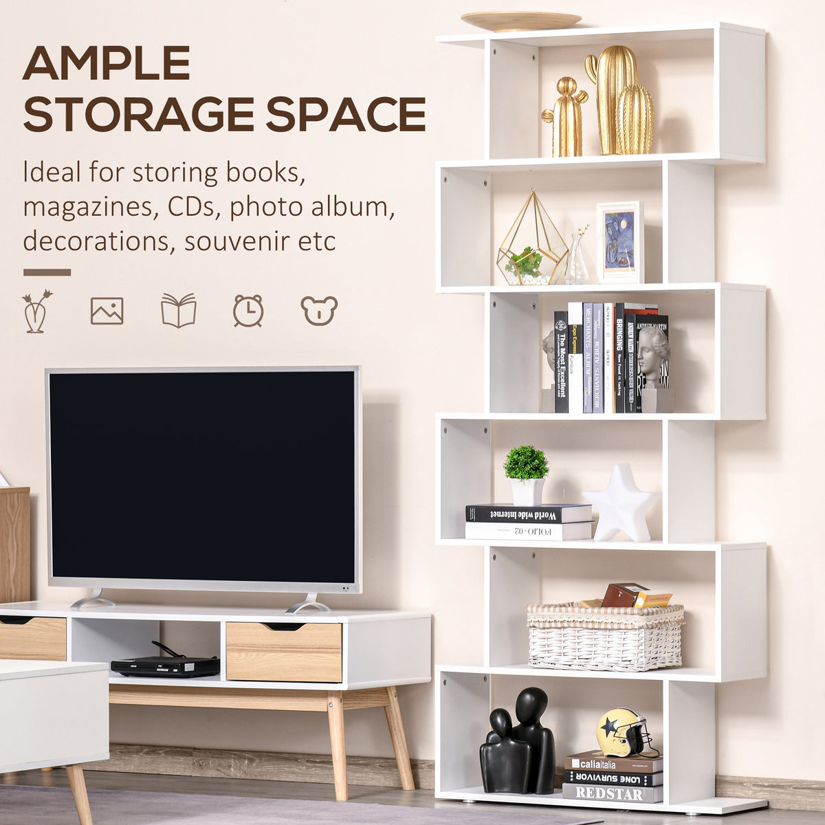 76" 6-Tier S-Shaped Geometric Wooden Bookcase - White-Home Furnishings > Storage & Organization > Bookshelves & Bookcases > Display Bookshelves-DECOROLALA