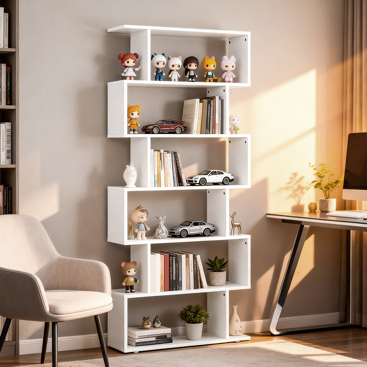 76" 6-Tier S-Shaped Geometric Wooden Bookcase - White-Home Furnishings > Storage & Organization > Bookshelves & Bookcases > Display Bookshelves-DECOROLALA