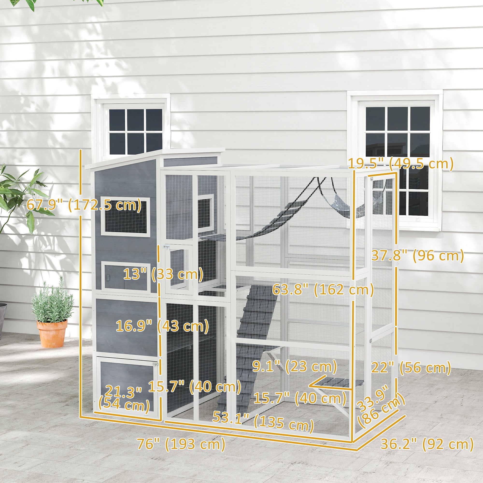 76" Catio Outdoor Cat Enclosure with Cat Condo, Jumping Platforms, Ladder, Ramps, Hammock for 2-3 Indoor Cats, Grey-Cats-DECOROLALA