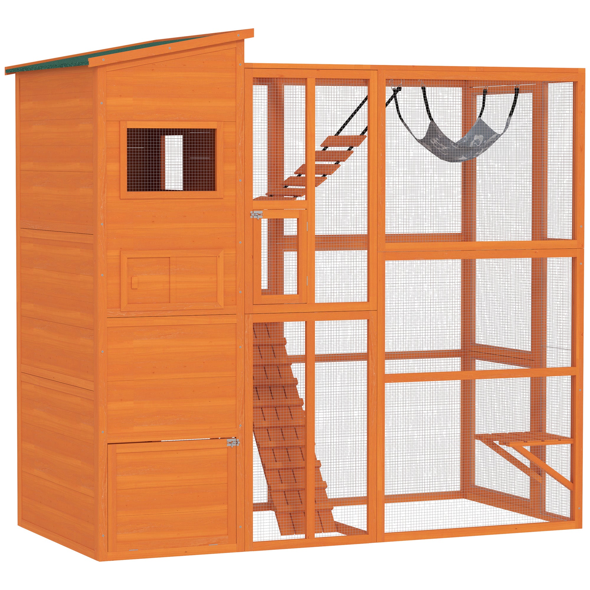 76" Catio Outdoor Cat Enclosure with Cat Condo, Jumping Platforms, Ladder, Ramps, Hammock for 2-3 Indoor Cats, Orange-Cats-DECOROLALA