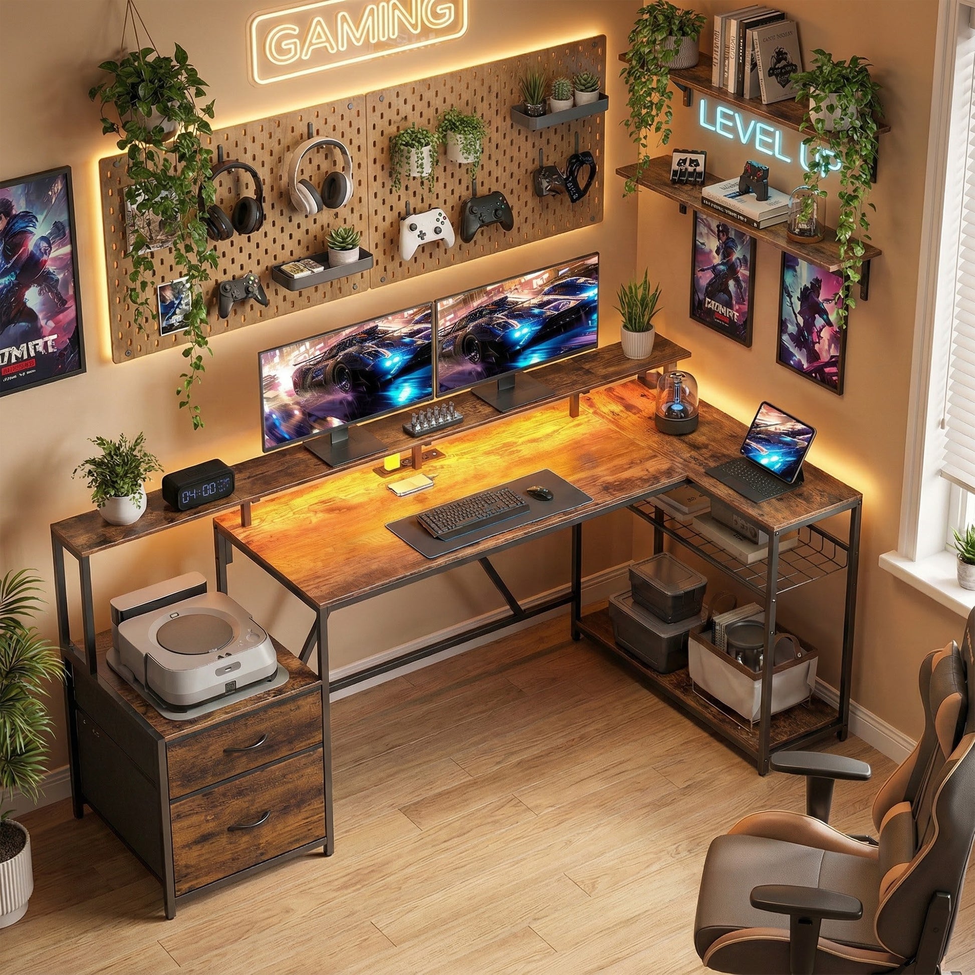 76" Gaming Desk, Computer Table with RGB Lights, USB Ports, Monitor Stand and 2 Fabric Drawers, Rustic Brown-Office Products > Office Furniture > Office Desks & Work Stations > Gaming Desks-DECOROLALA