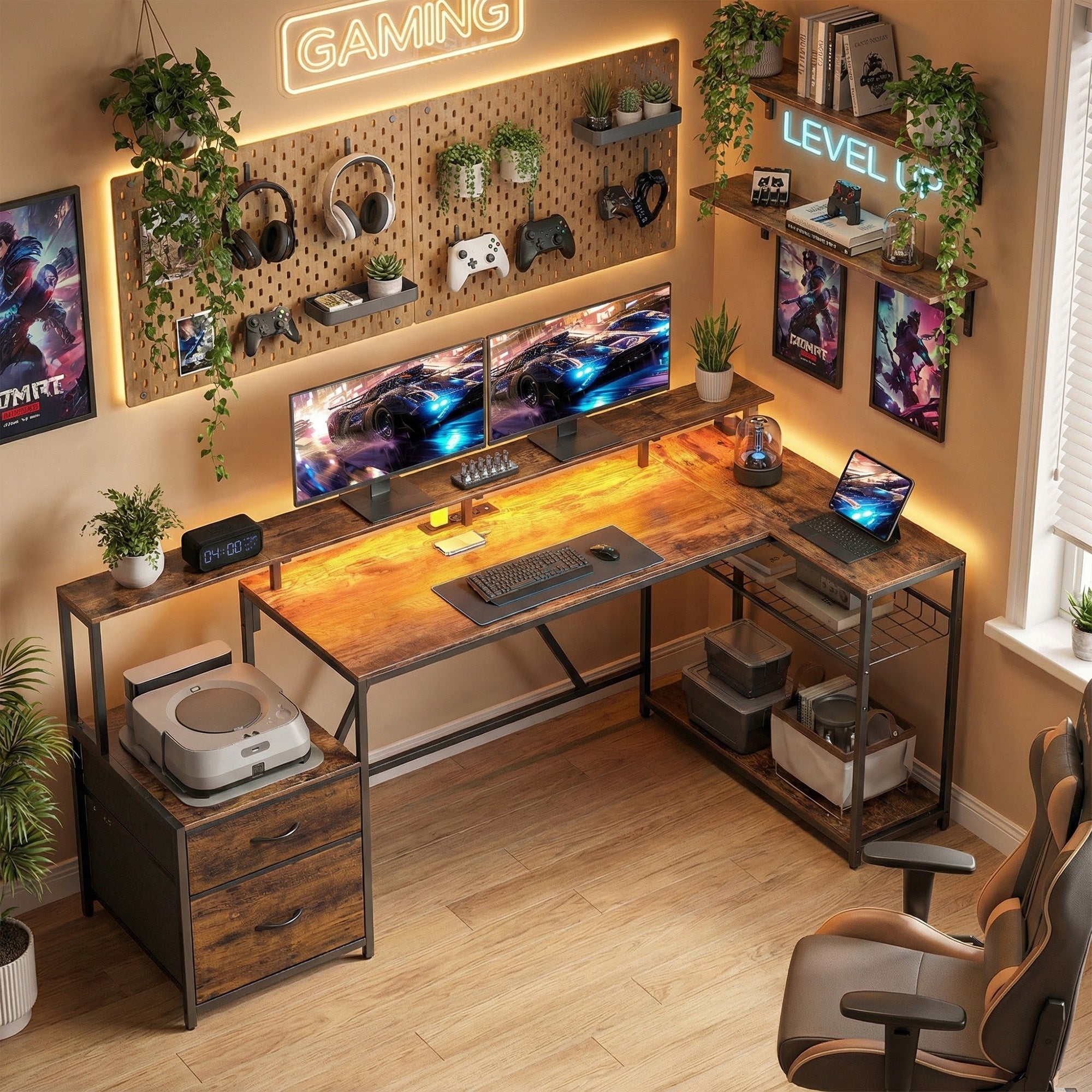 76" Gaming Desk, Computer Table with RGB Lights, USB Ports, Monitor Stand and 2 Fabric Drawers, Rustic Brown-Office Products > Office Furniture > Office Desks & Work Stations > Gaming Desks-DECOROLALA