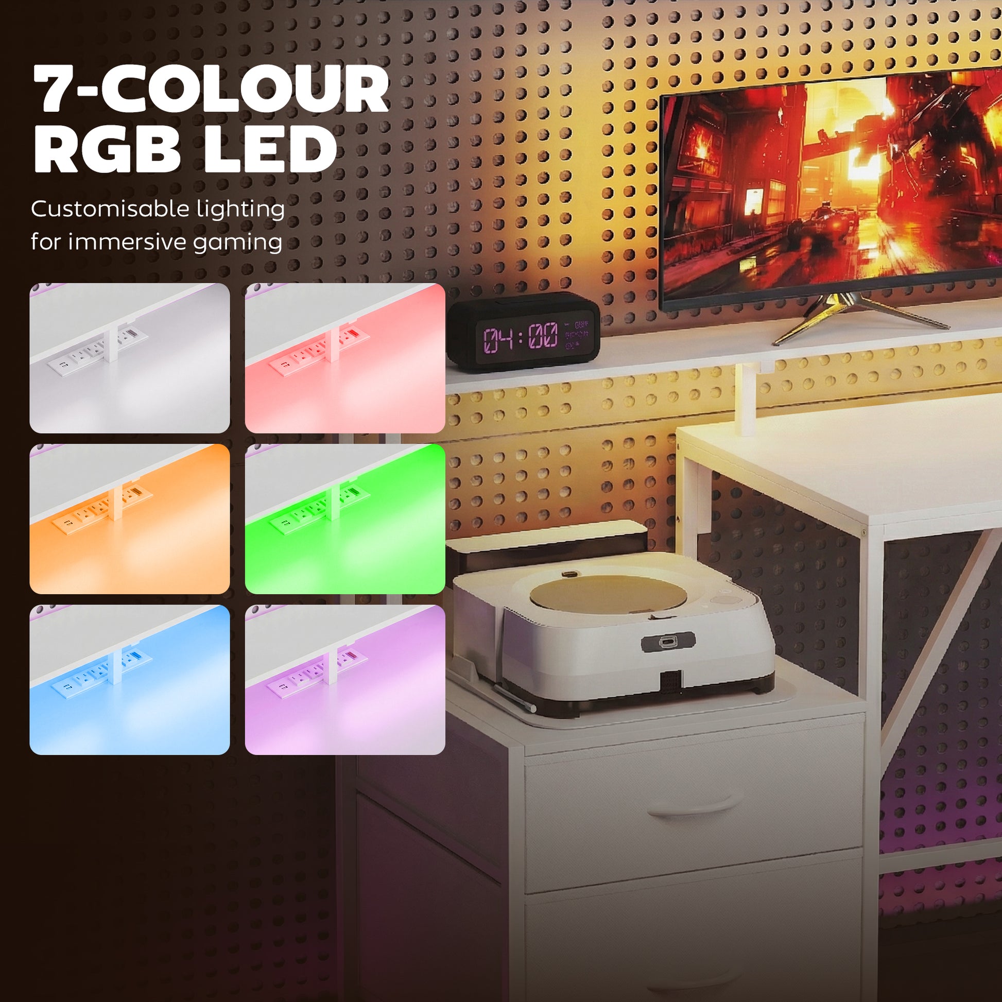 76" Gaming Desk, Reversible Computer Table with RGB Lights, USB Ports, Monitor Stand and 2 Fabric Drawers, White-Office Products > Office Furniture > Office Desks & Work Stations > Gaming Desks-DECOROLALA