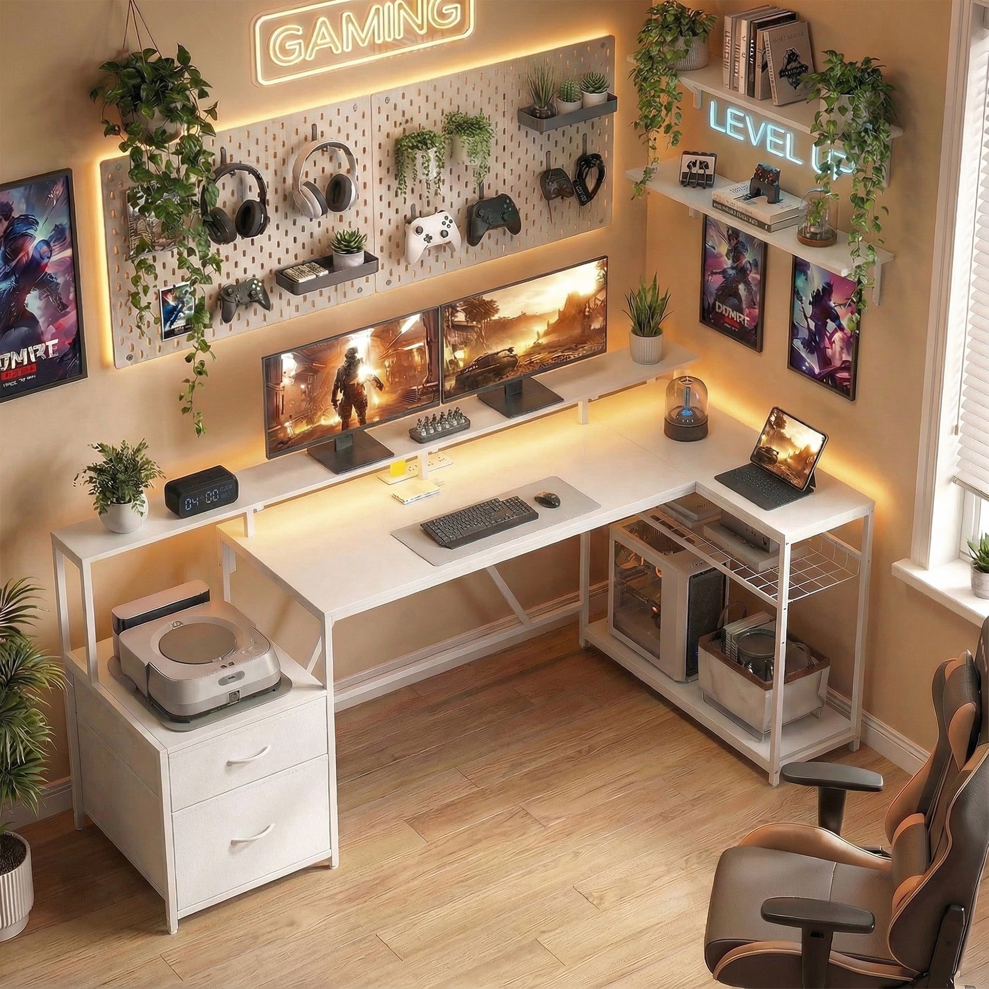 76" Gaming Desk, Reversible Computer Table with RGB Lights, USB Ports, Monitor Stand and 2 Fabric Drawers, White-Office Products > Office Furniture > Office Desks & Work Stations > Gaming Desks-DECOROLALA