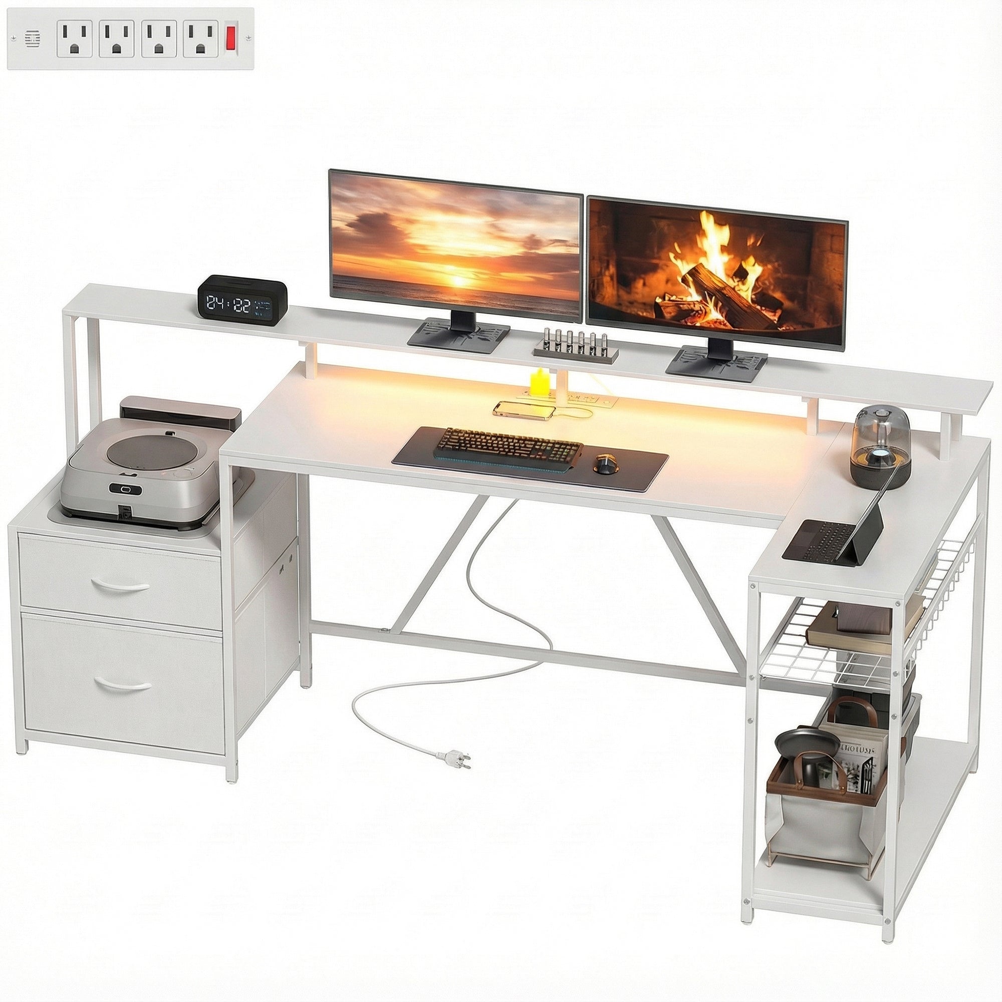 76" L-Shaped Gaming Desk - White RGB LED with USB Ports-Office Products > Office Furniture > Office Desks & Work Stations > Gaming Desks-DECOROLALA