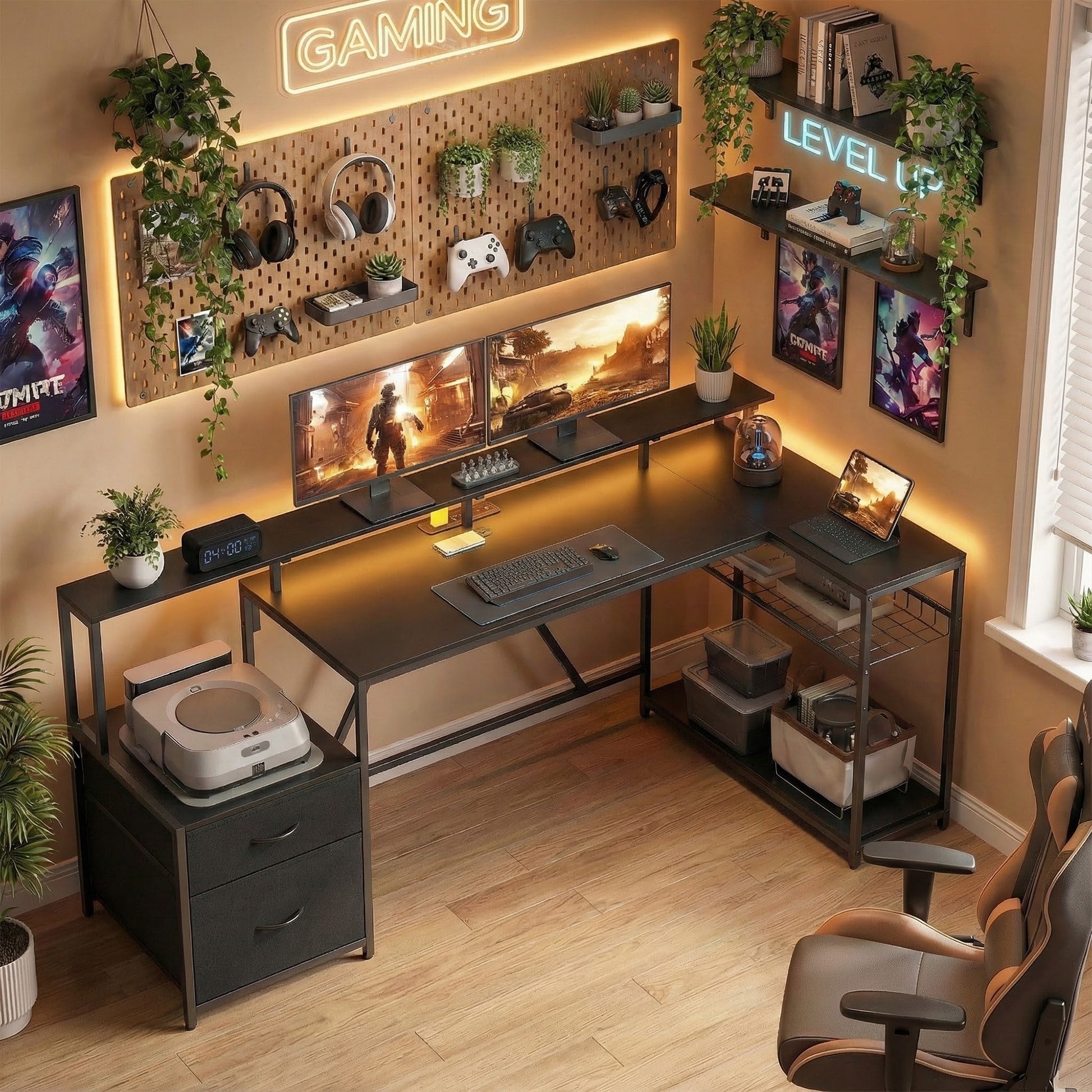 76" L-Shaped Gaming Desk with RGB Lights & USB Ports - Black-DECOROLALA