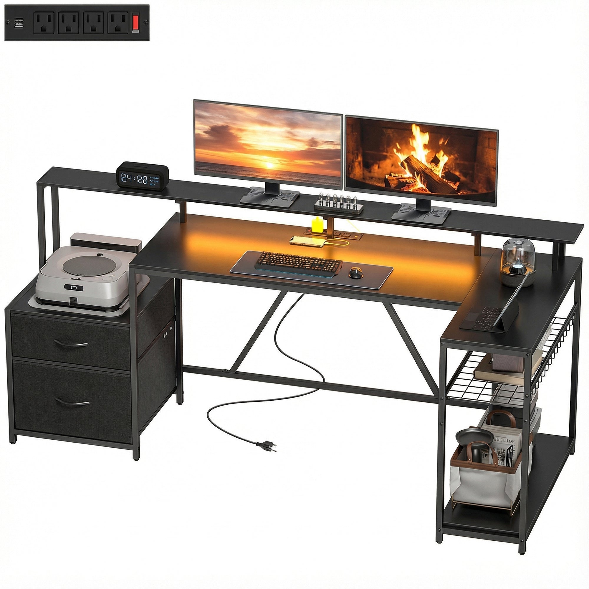 76" L-Shaped Gaming Desk with RGB Lights & USB Ports - Black-DECOROLALA