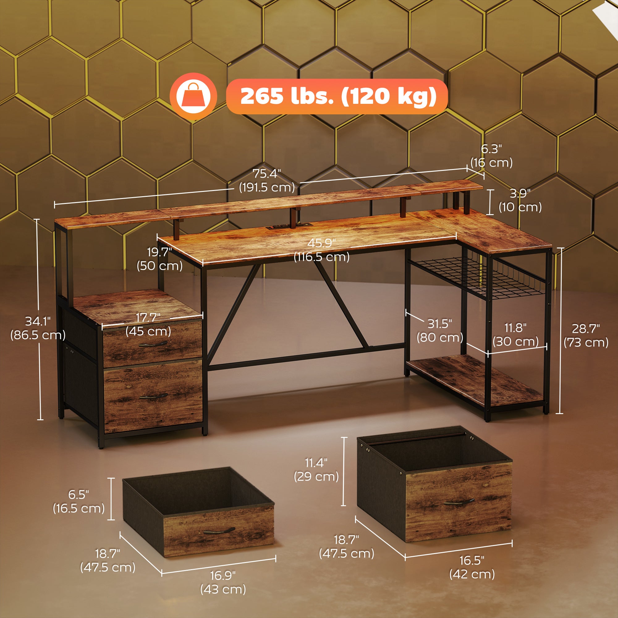 76" L-Shaped Gaming Desk with RGB Lights & USB - Rustic Brown-Office Products > Office Furniture > Office Desks & Work Stations > Gaming Desks-DECOROLALA