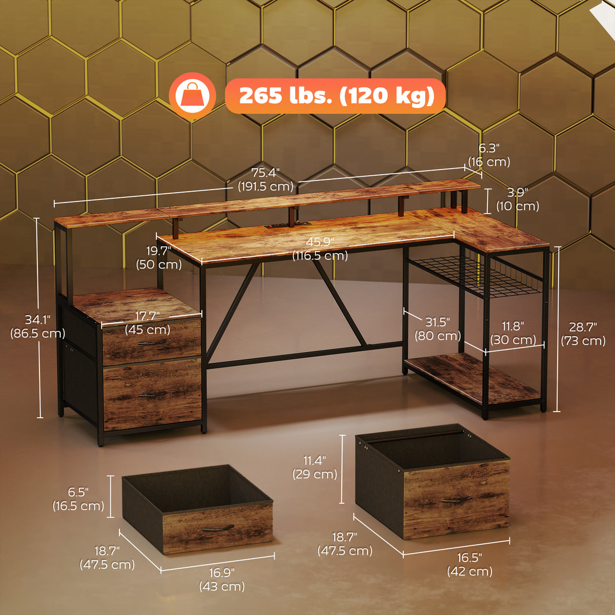 76" L-Shaped Gaming Desk with RGB Lights & USB - Rustic Brown-Office Products > Office Furniture > Office Desks & Work Stations > Gaming Desks-DECOROLALA