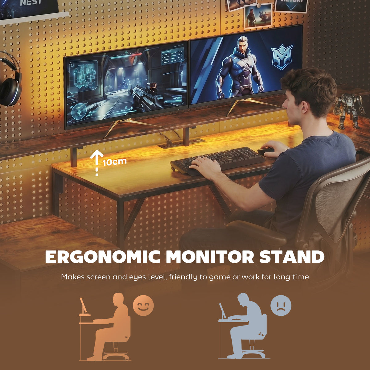 76" L-Shaped Gaming Desk with RGB Lights & USB - Rustic Brown-Office Products > Office Furniture > Office Desks & Work Stations > Gaming Desks-DECOROLALA
