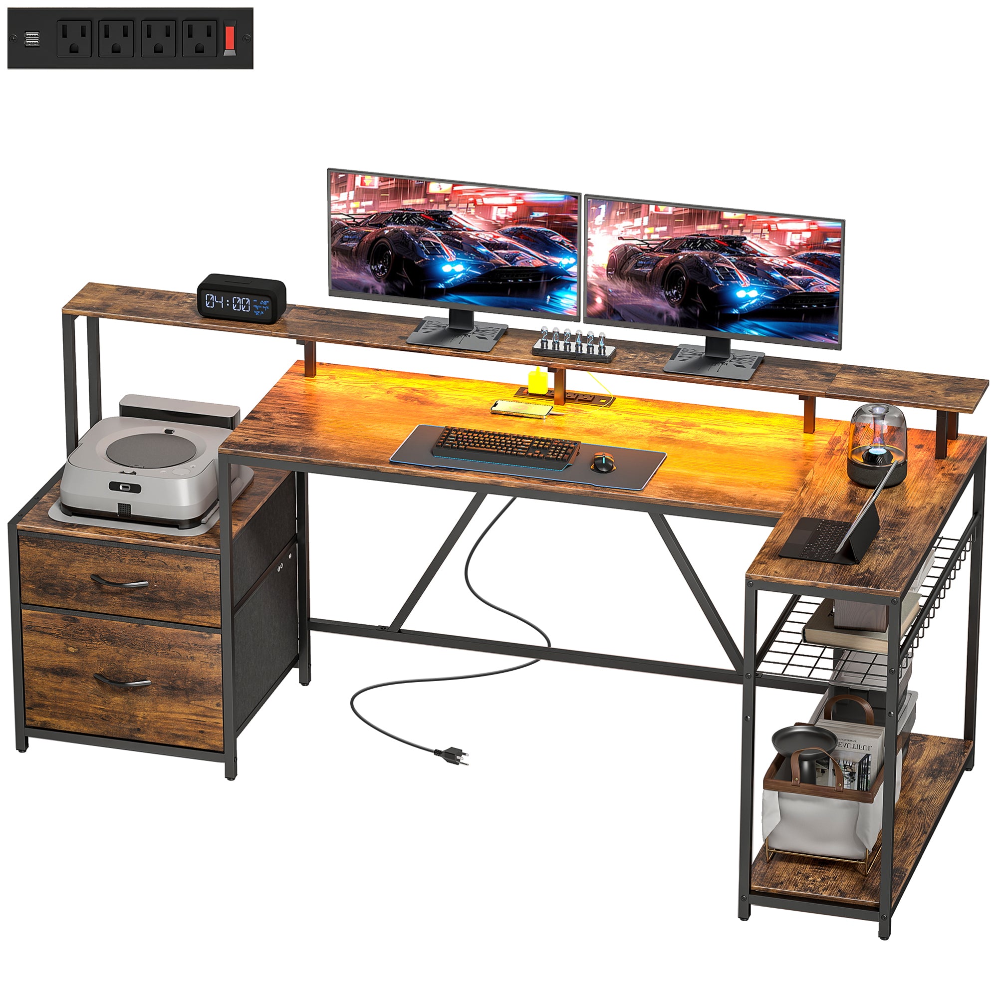 76" L-Shaped Gaming Desk with RGB Lights & USB - Rustic Brown-Office Products > Office Furniture > Office Desks & Work Stations > Gaming Desks-DECOROLALA